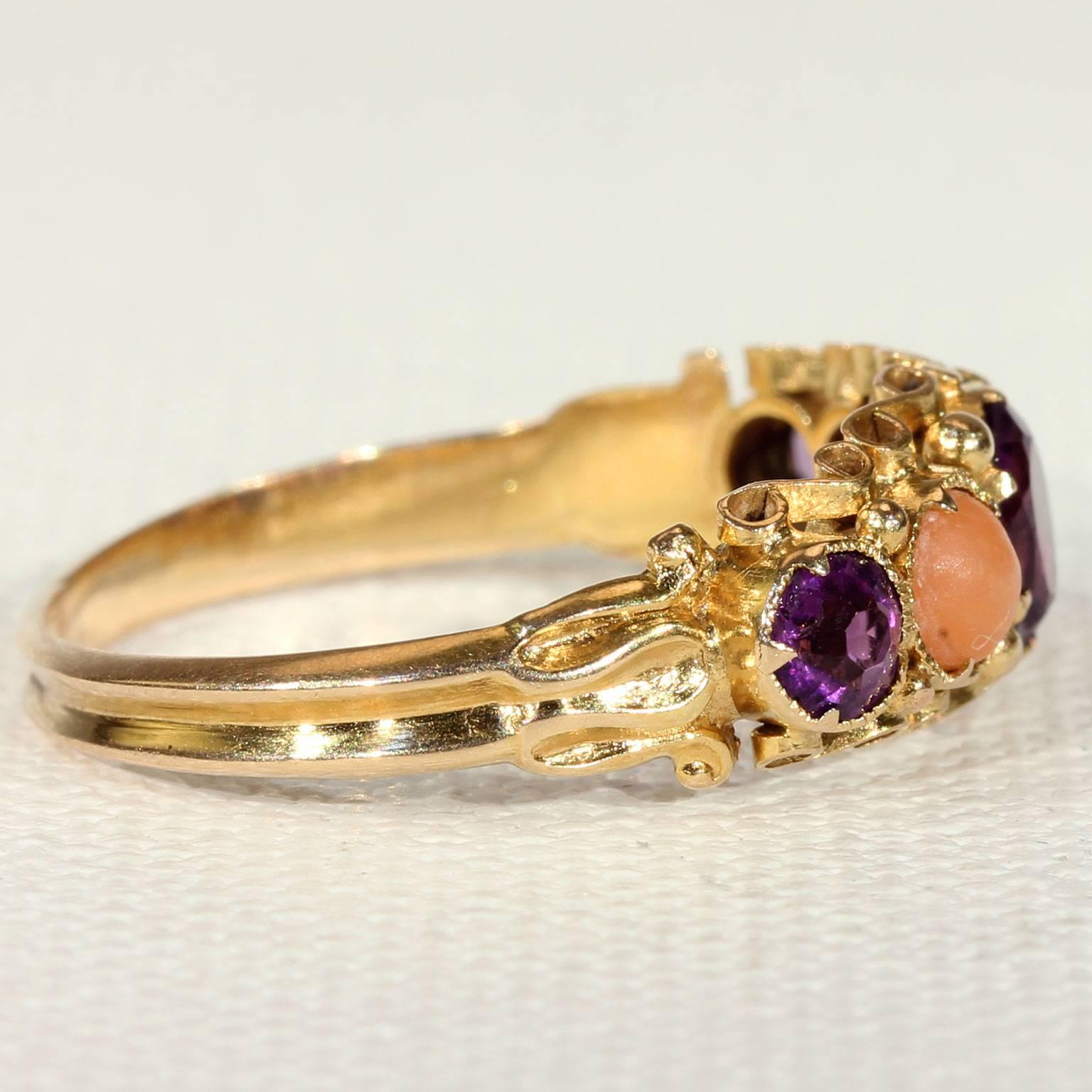 Antique Victorian Coral Amethyst Gold Ring  In Excellent Condition In Middleton, WI