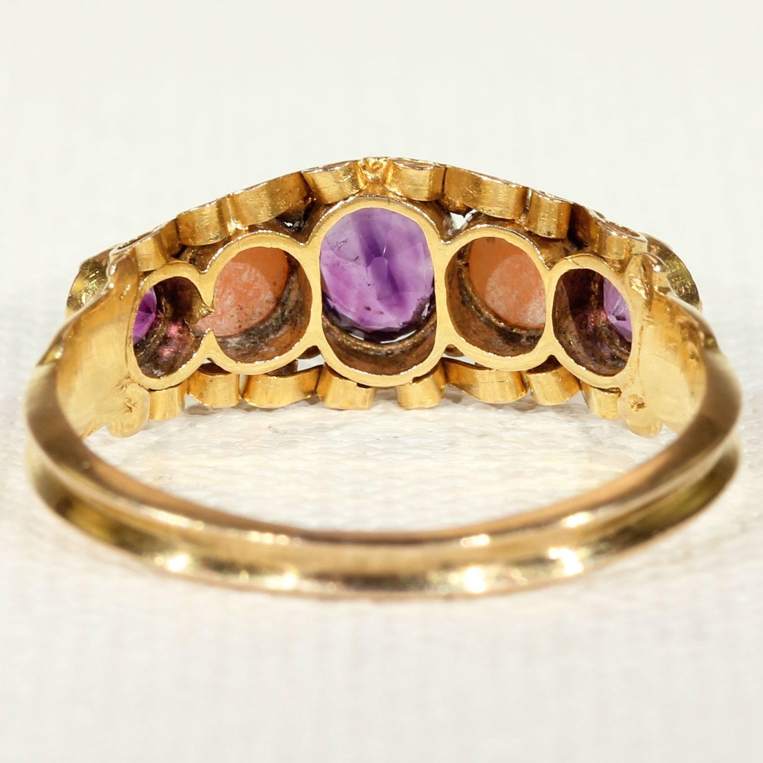 Women's Antique Victorian Coral Amethyst Gold Ring 