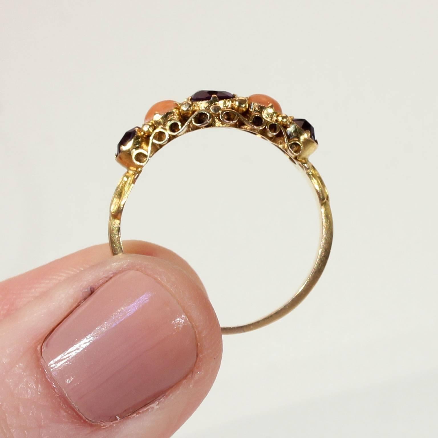 Antique Victorian Coral Amethyst Gold Ring  3