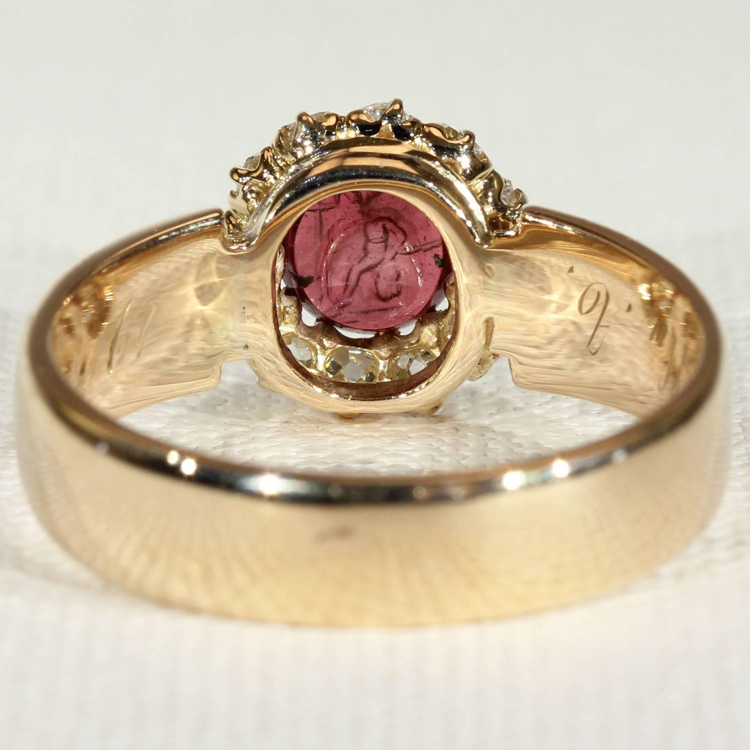 Old European Cut Victorian Intaglio Garnet Diamond Cluster Ring Gold For Sale