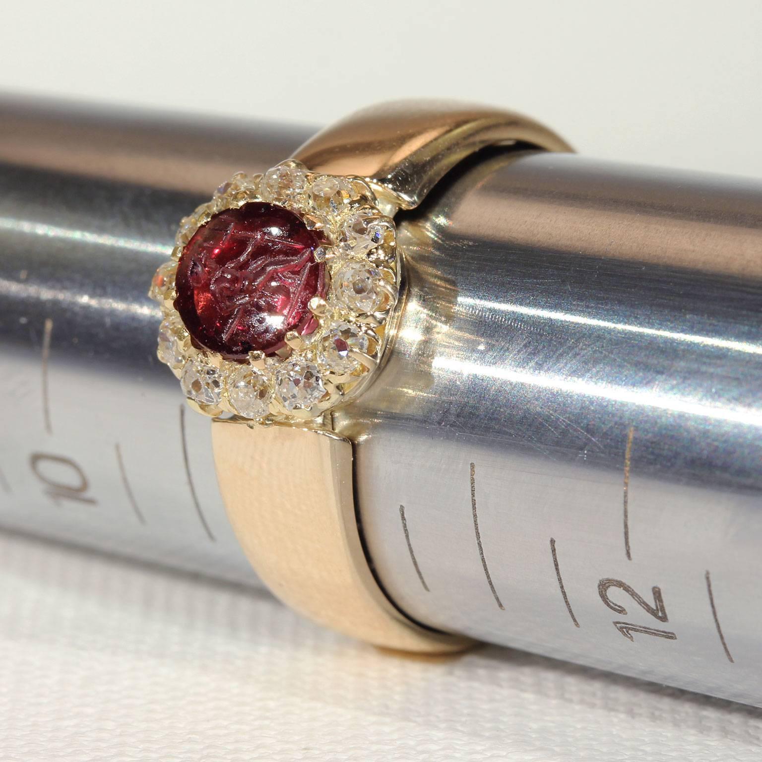 Victorian Intaglio Garnet Diamond Cluster Ring Gold For Sale 2