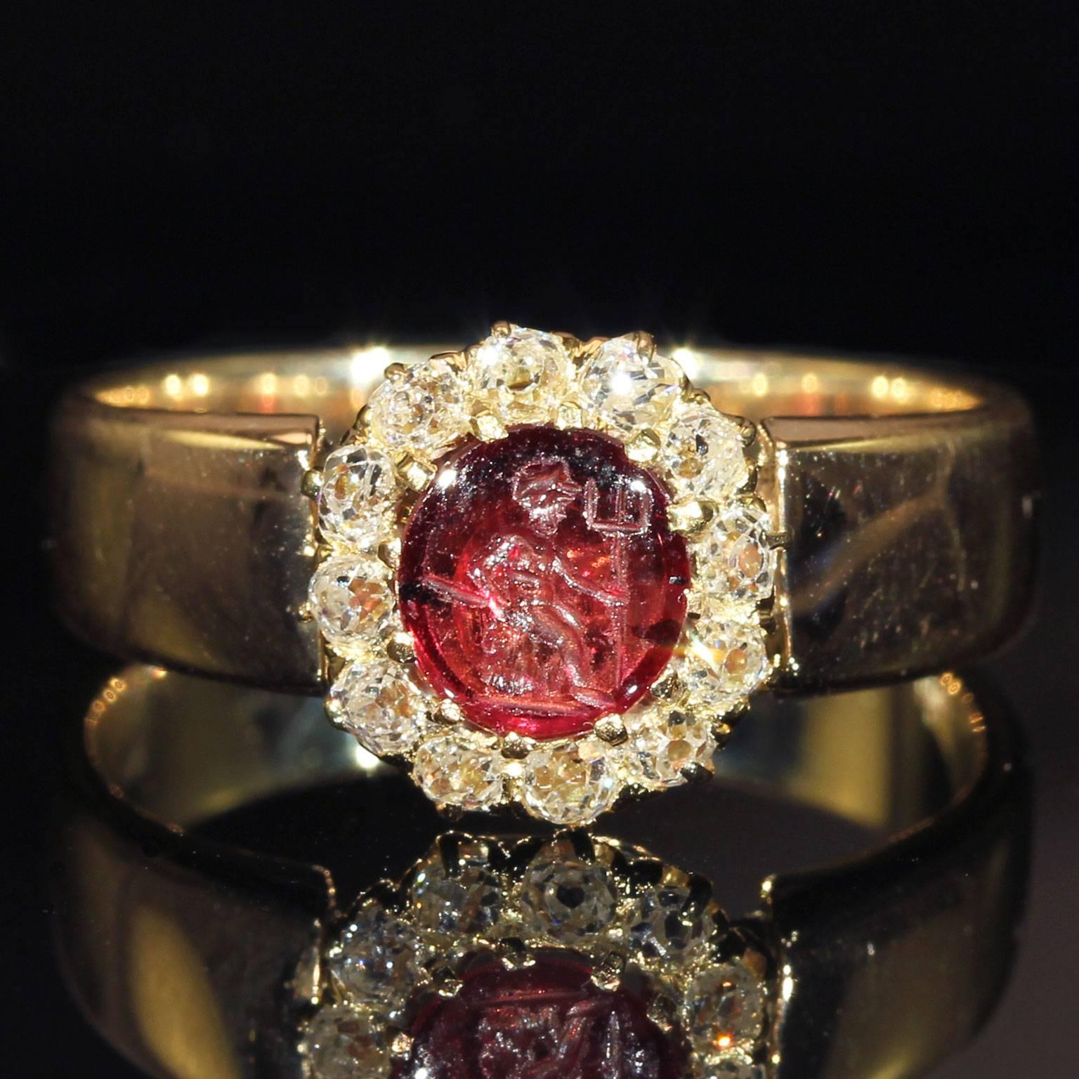 Victorian Intaglio Garnet Diamond Cluster Ring Gold For Sale 3