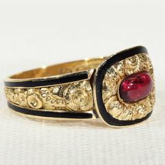 Georgian Garnet Black Enamel Gold Memorial Ring