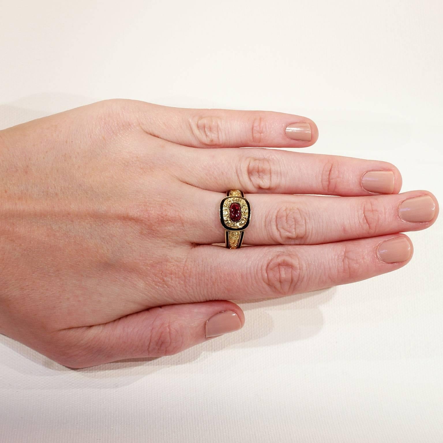 Women's or Men's Georgian Garnet Black Enamel Gold Memorial Ring For Sale