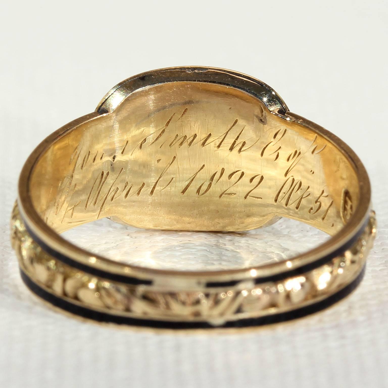Georgian Garnet Black Enamel Gold Memorial Ring For Sale 1