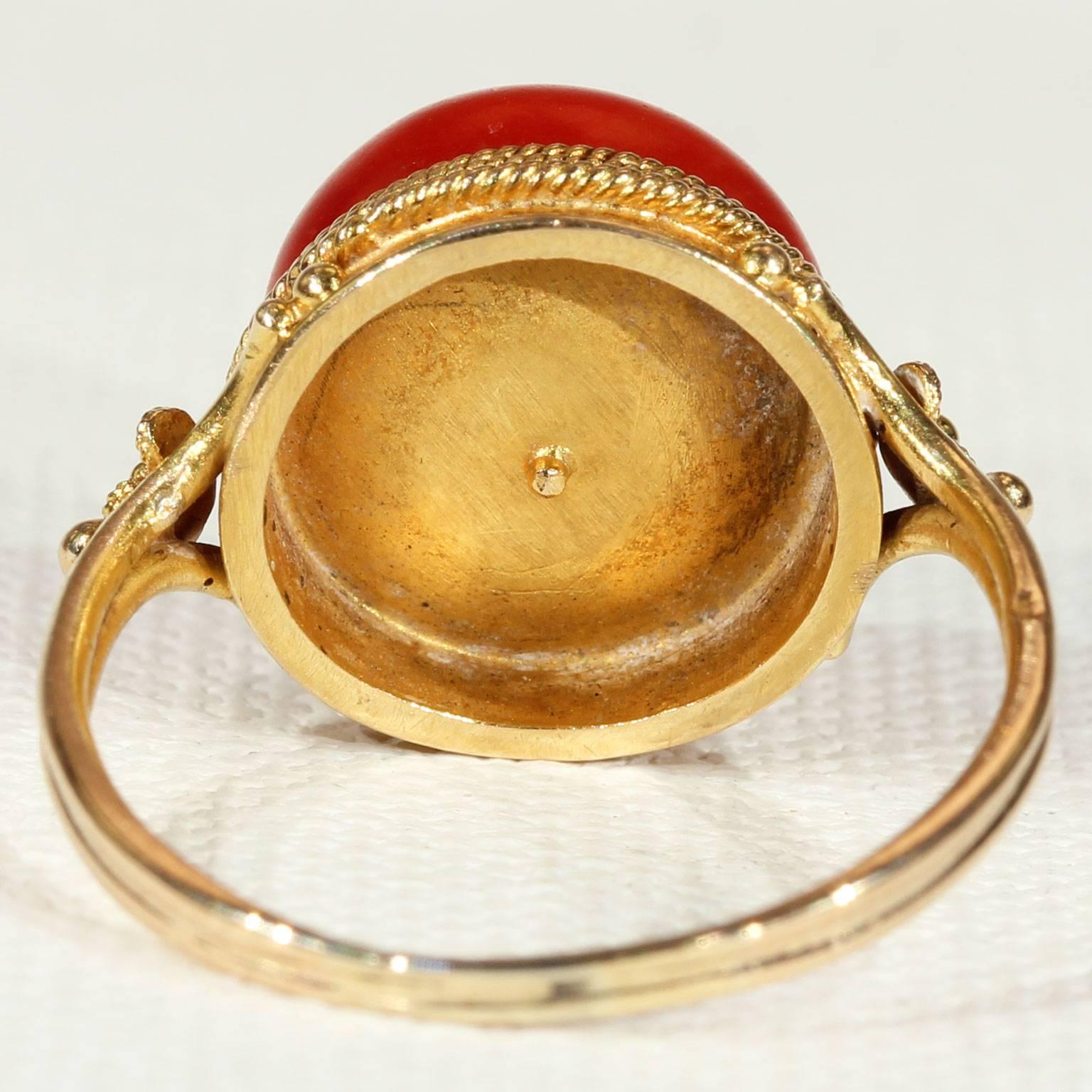 Antique Victorian Etruscan Revival Red Coral Gold Ring  In Excellent Condition For Sale In Middleton, WI