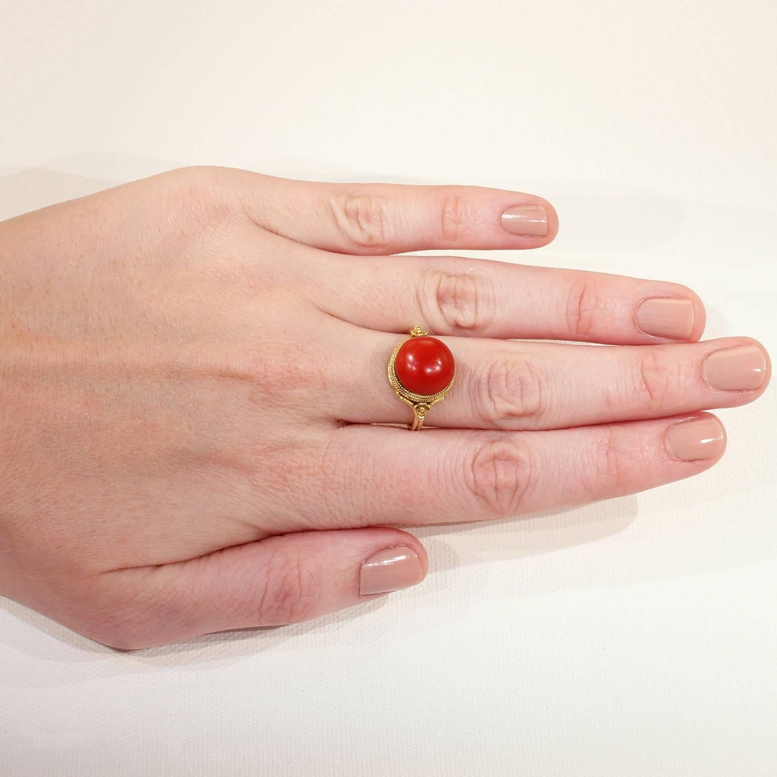Women's Antique Victorian Etruscan Revival Red Coral Gold Ring  For Sale