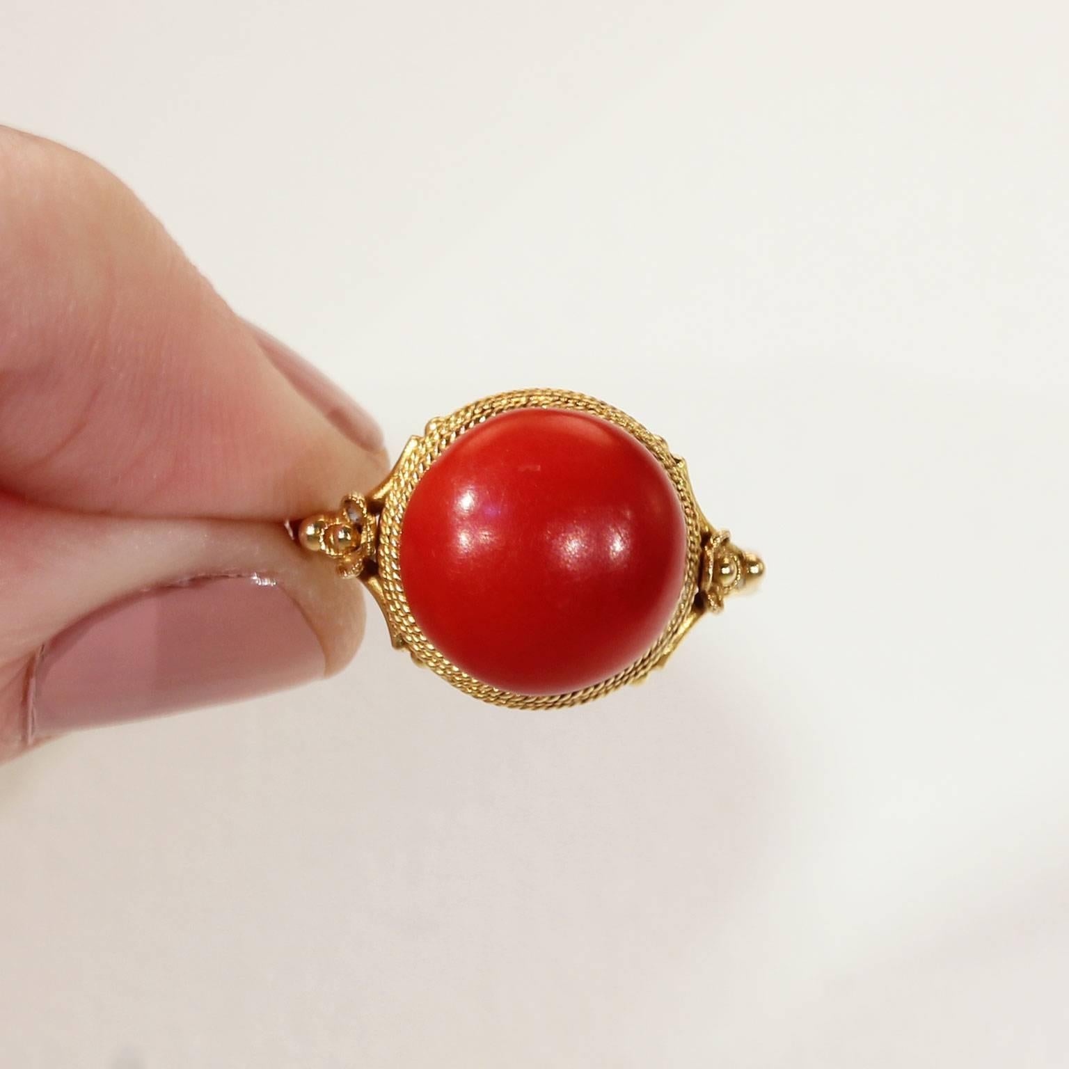 Antique Victorian Etruscan Revival Red Coral Gold Ring  For Sale 1