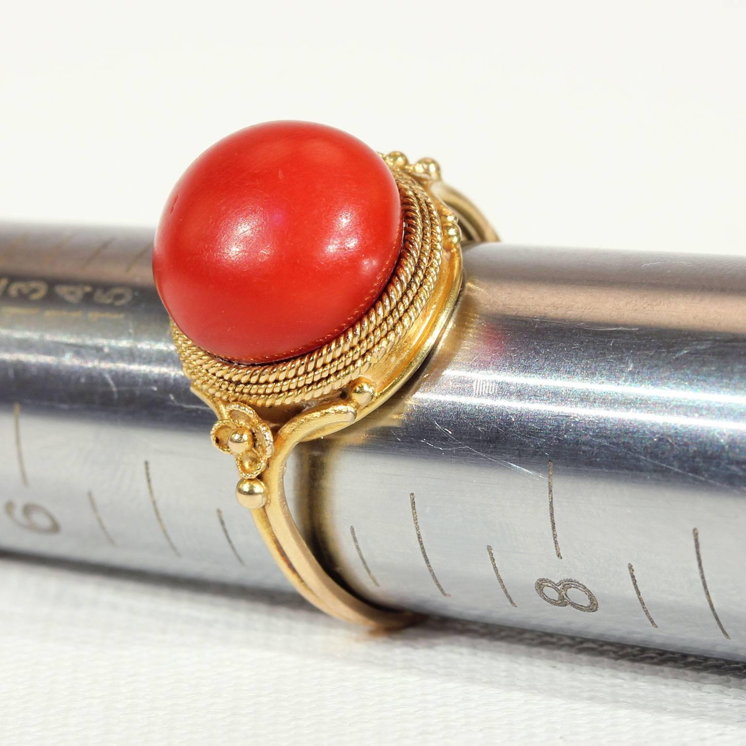 Antique Victorian Etruscan Revival Red Coral Gold Ring  For Sale 3
