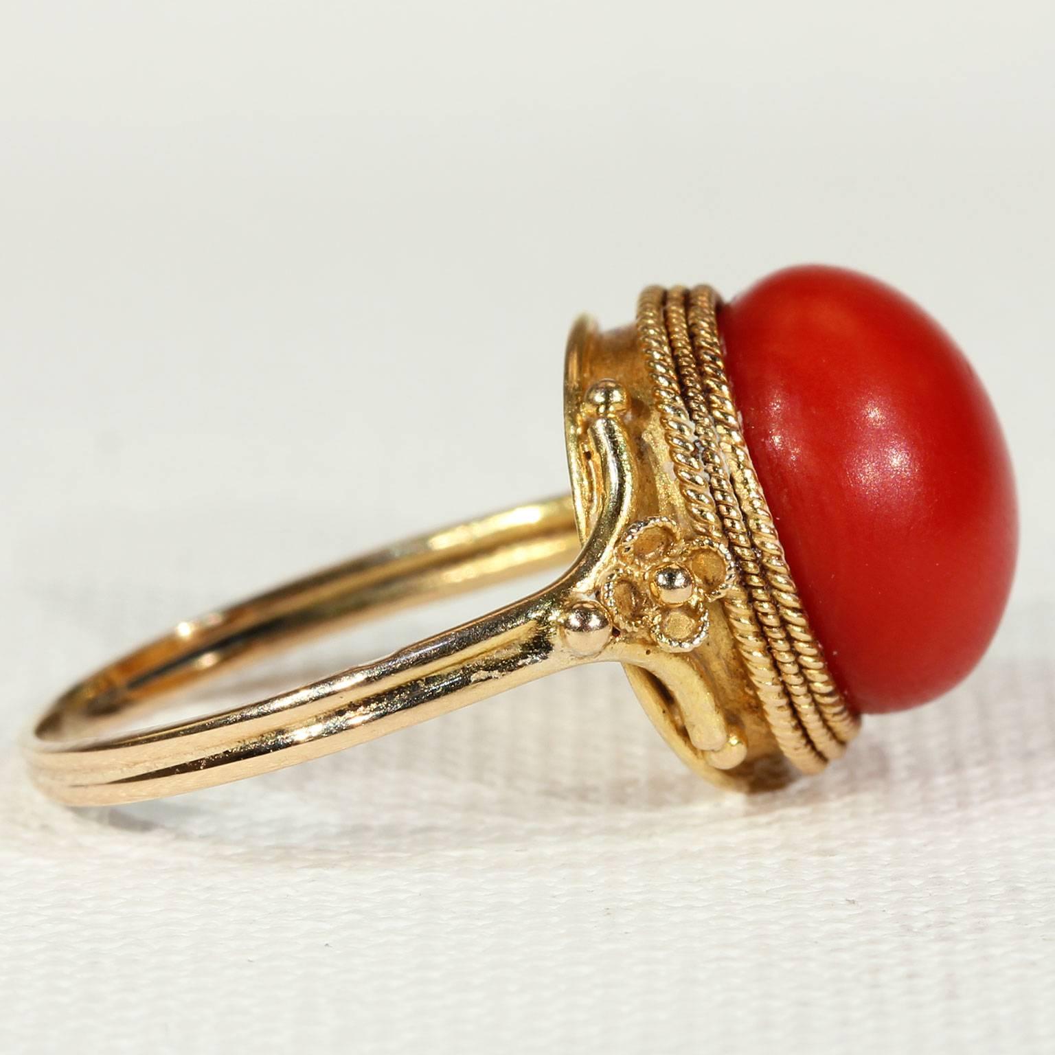 High Victorian Antique Victorian Etruscan Revival Red Coral Gold Ring  For Sale