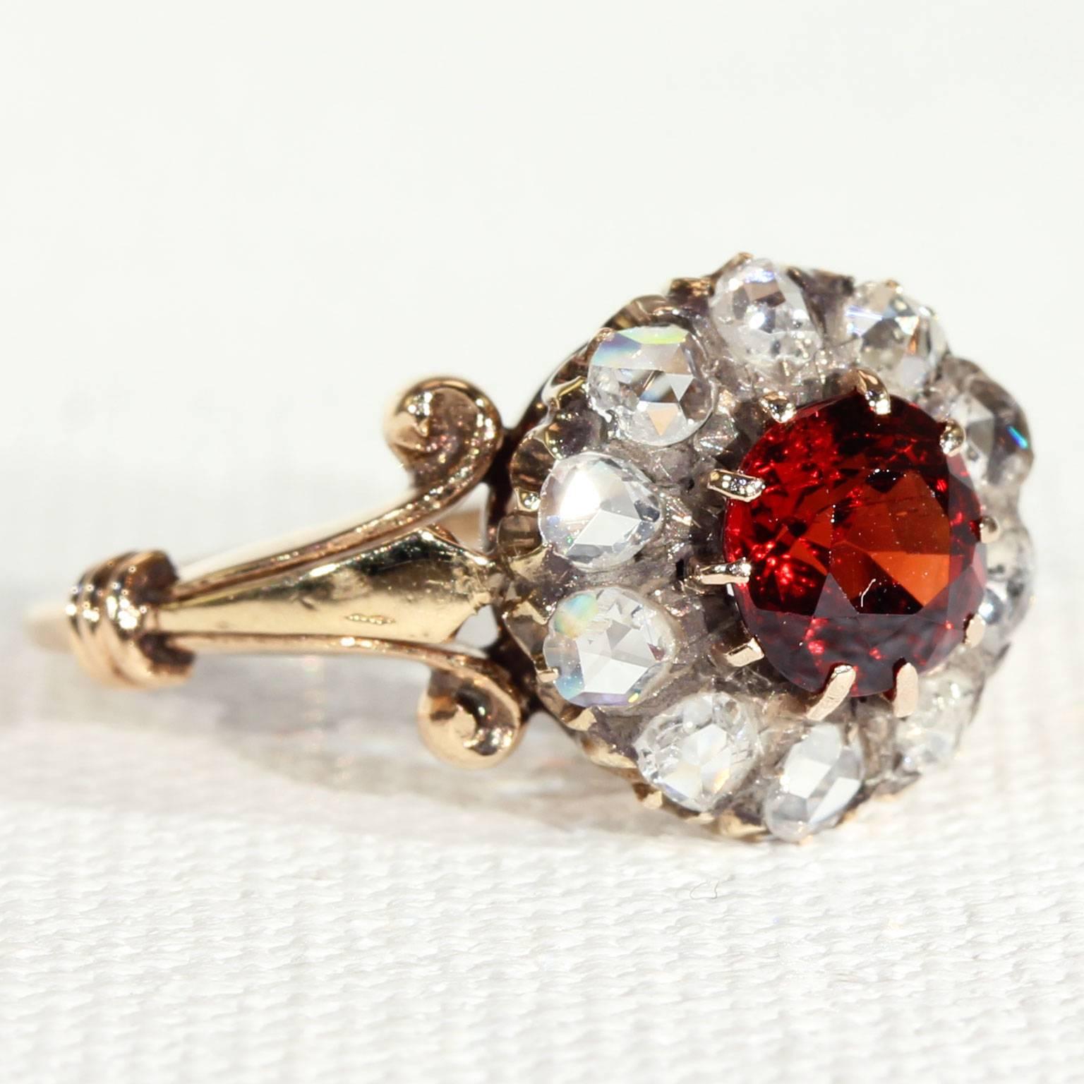 Victorian Hessonite Diamond Gold Cluster Ring In Excellent Condition In Middleton, WI