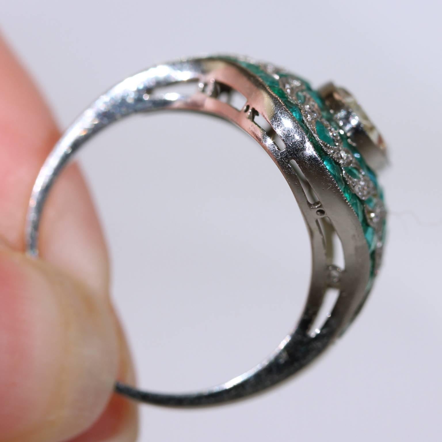  Emerald  Yellow Diamond Platinum Ring  In Excellent Condition In Middleton, WI