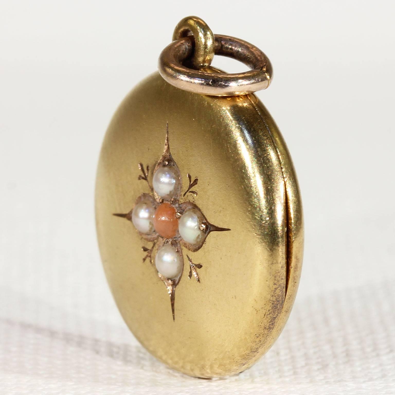 Victorian Gold Enamel Anchor Locket Pearls and Coral In Excellent Condition In Middleton, WI