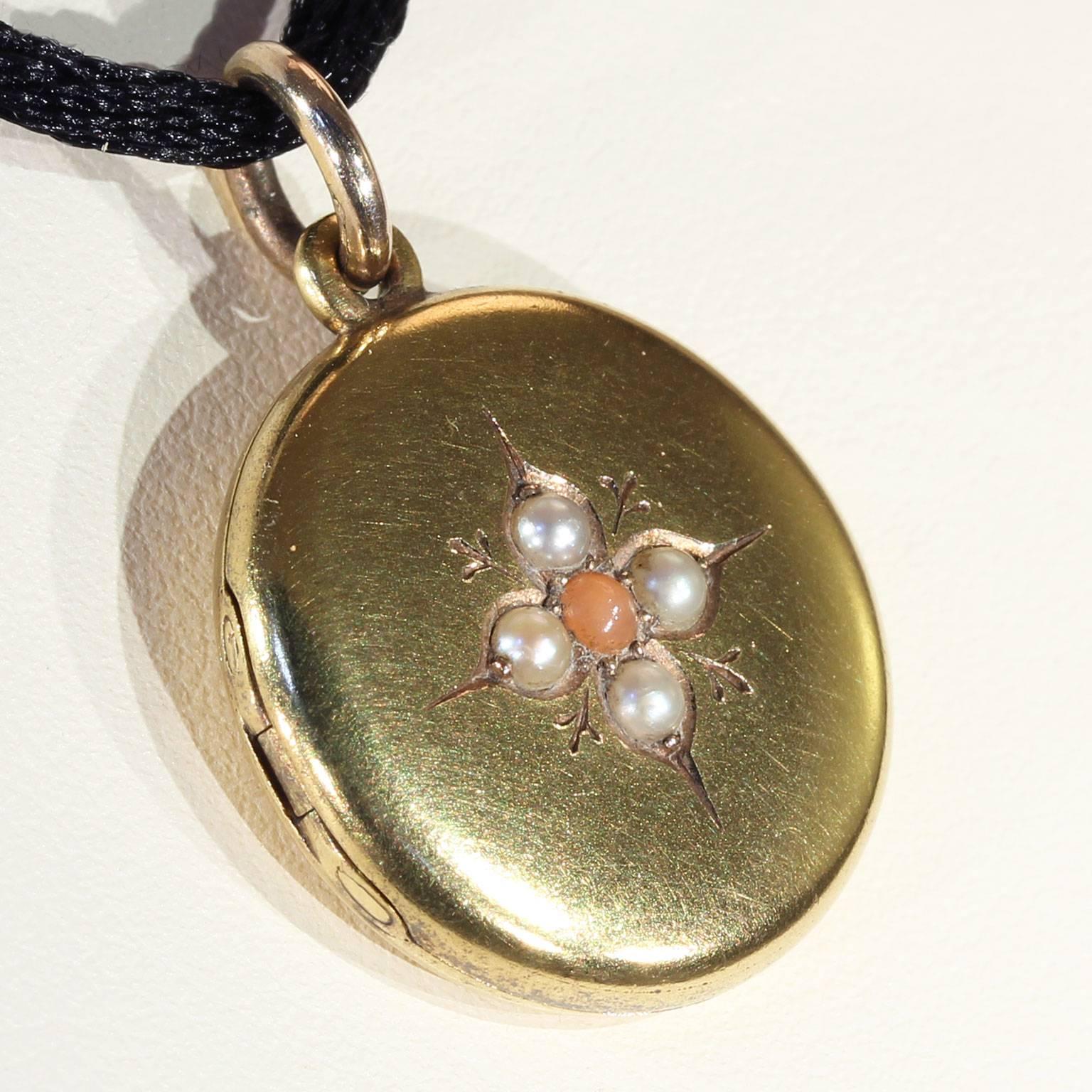Women's or Men's Victorian Gold Enamel Anchor Locket Pearls and Coral