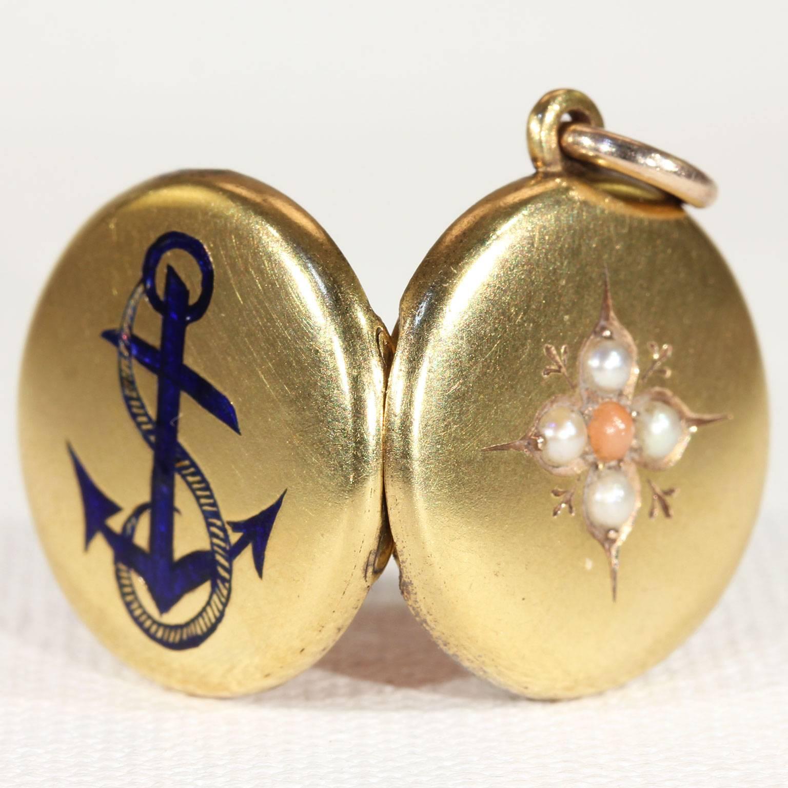 Victorian Gold Enamel Anchor Locket Pearls and Coral 2