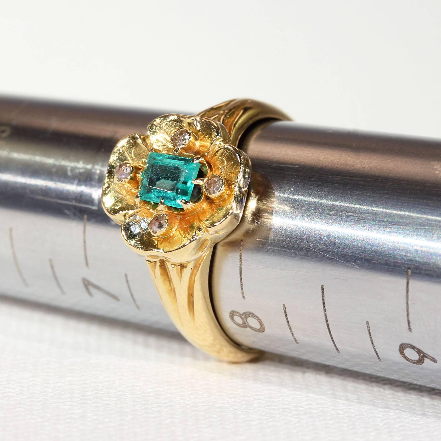 Victorian Emerald Diamond Flower Ring Gold 4