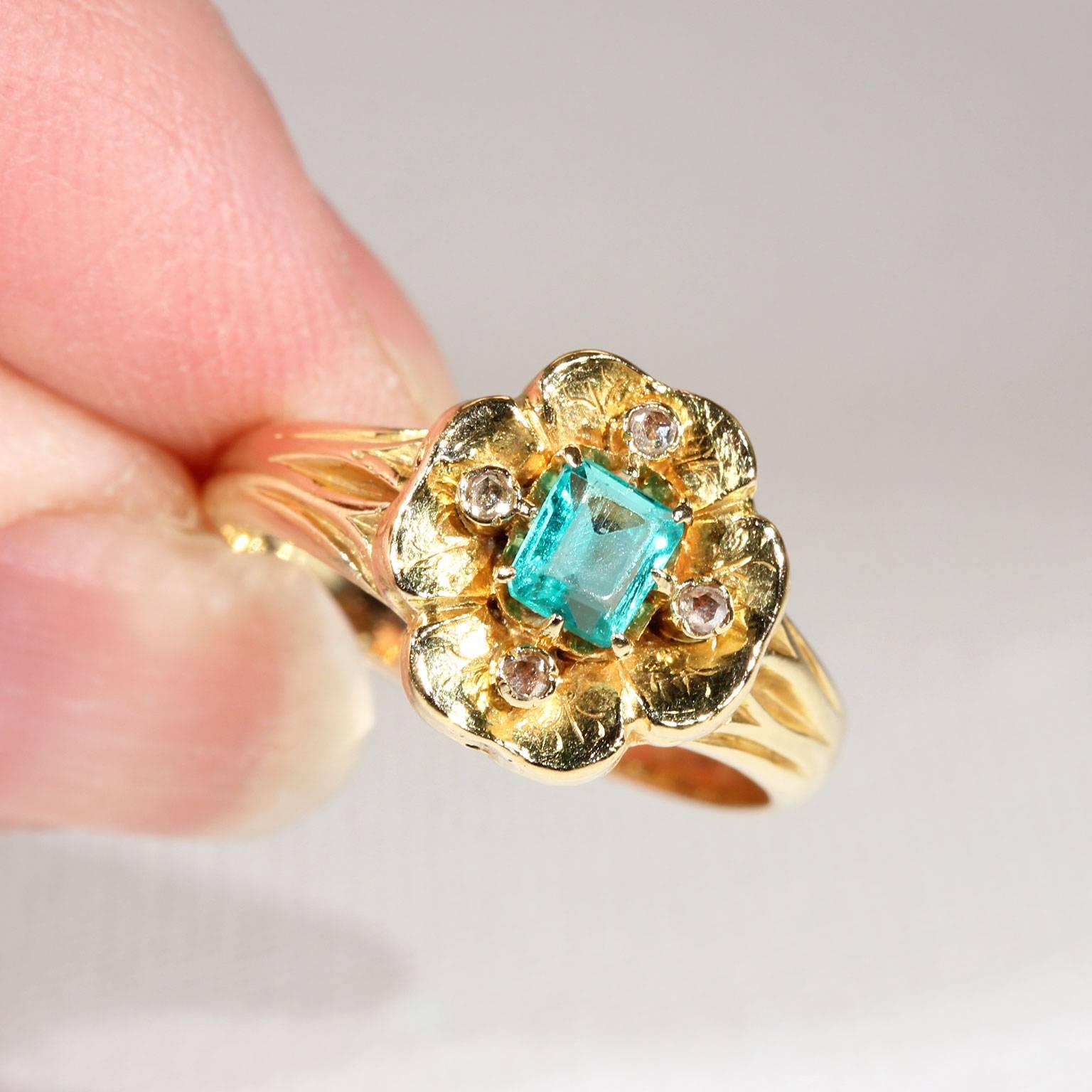Victorian Emerald Diamond Flower Ring Gold 1