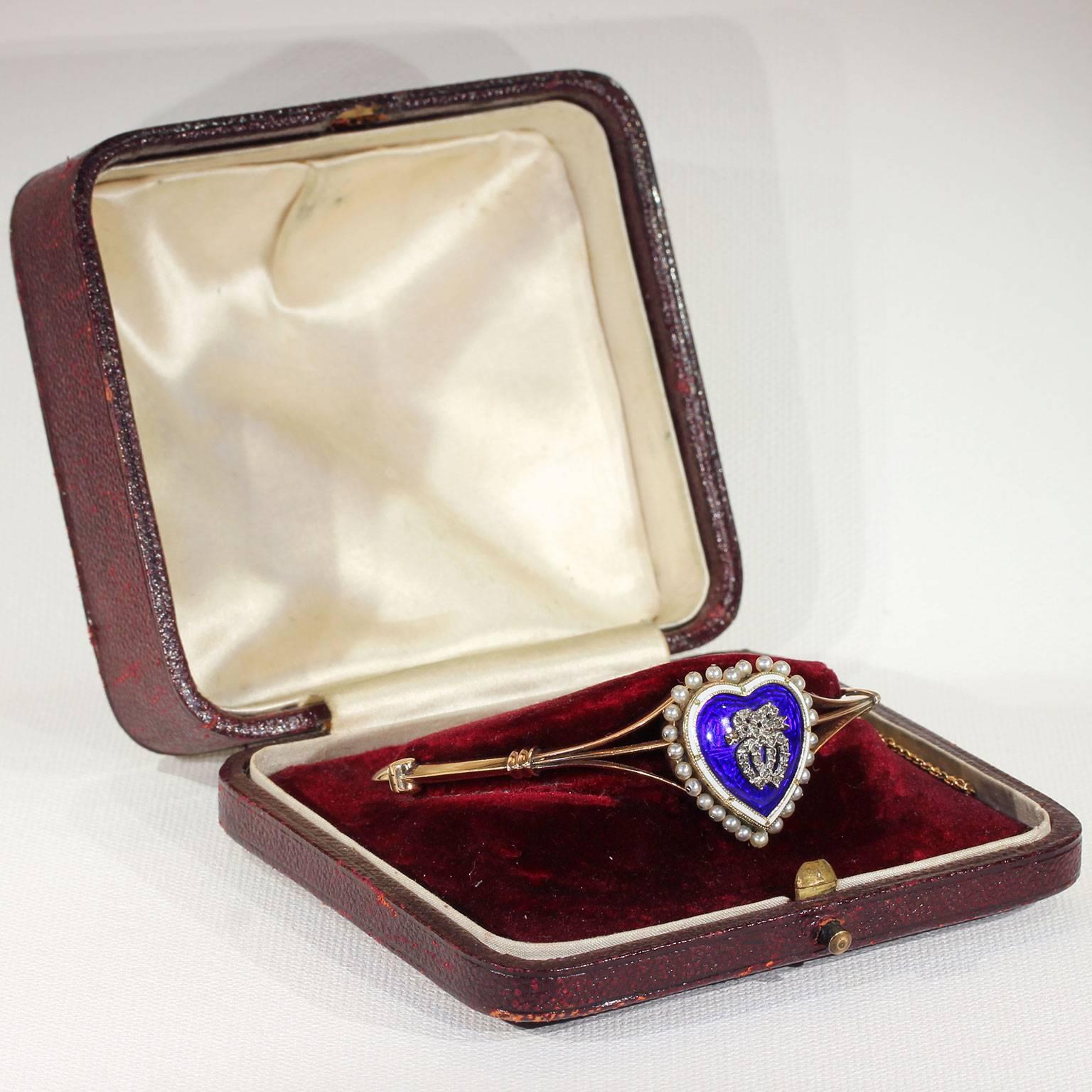 Victorian Convertible Pearl Diamond Bangle Pendant Enamel Heart In Excellent Condition In Middleton, WI