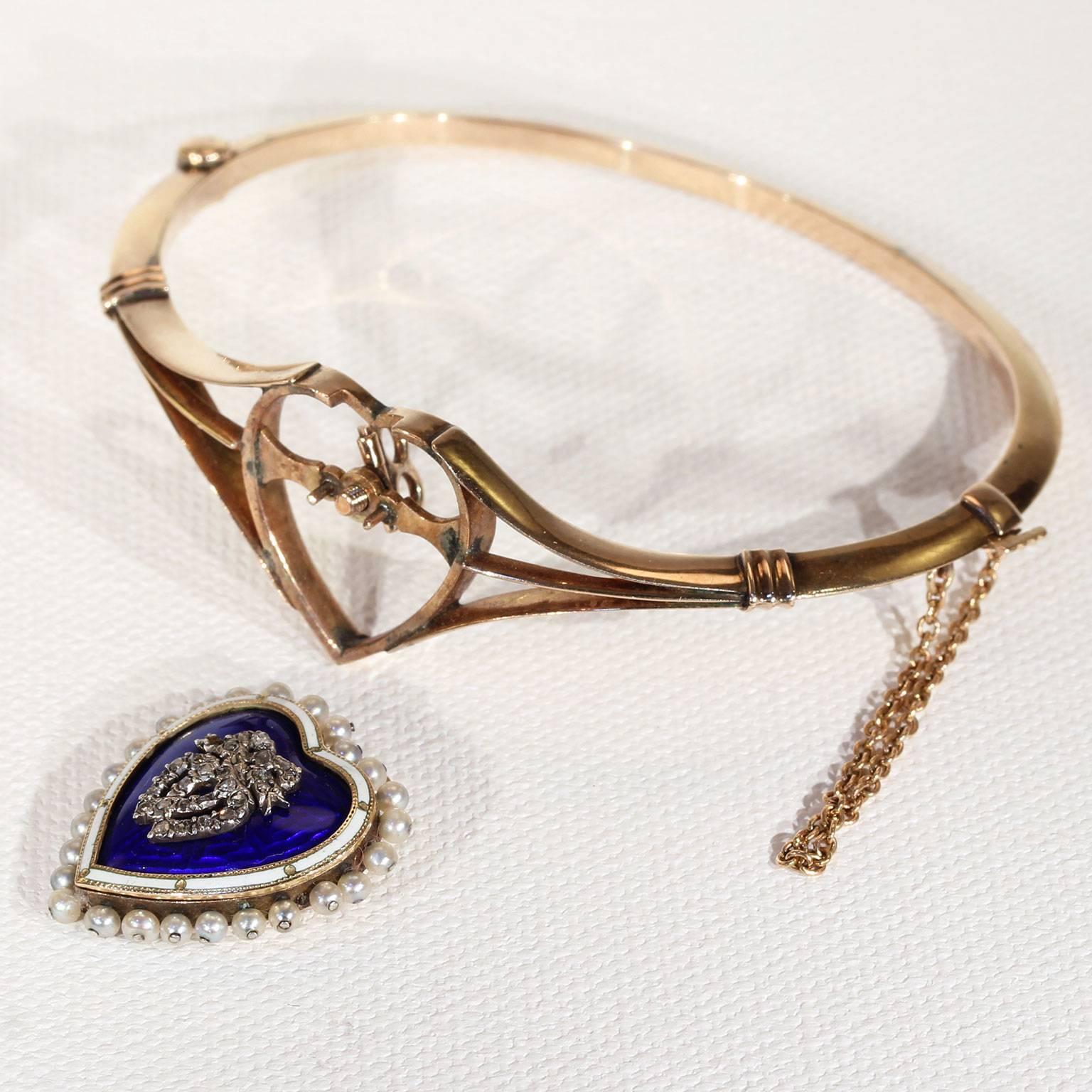 Victorian Convertible Pearl Diamond Bangle Pendant Enamel Heart 3