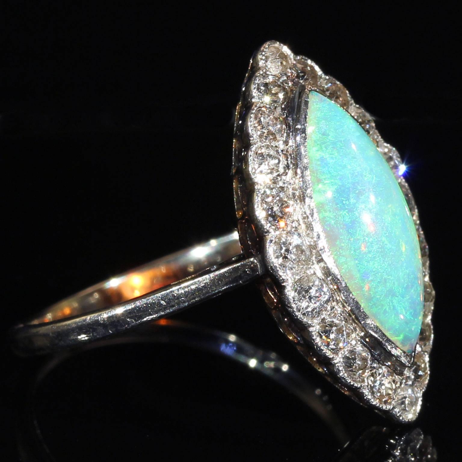 Edwardian Opal Diamond Marquise Cluster Ring Platinum In Excellent Condition For Sale In Middleton, WI