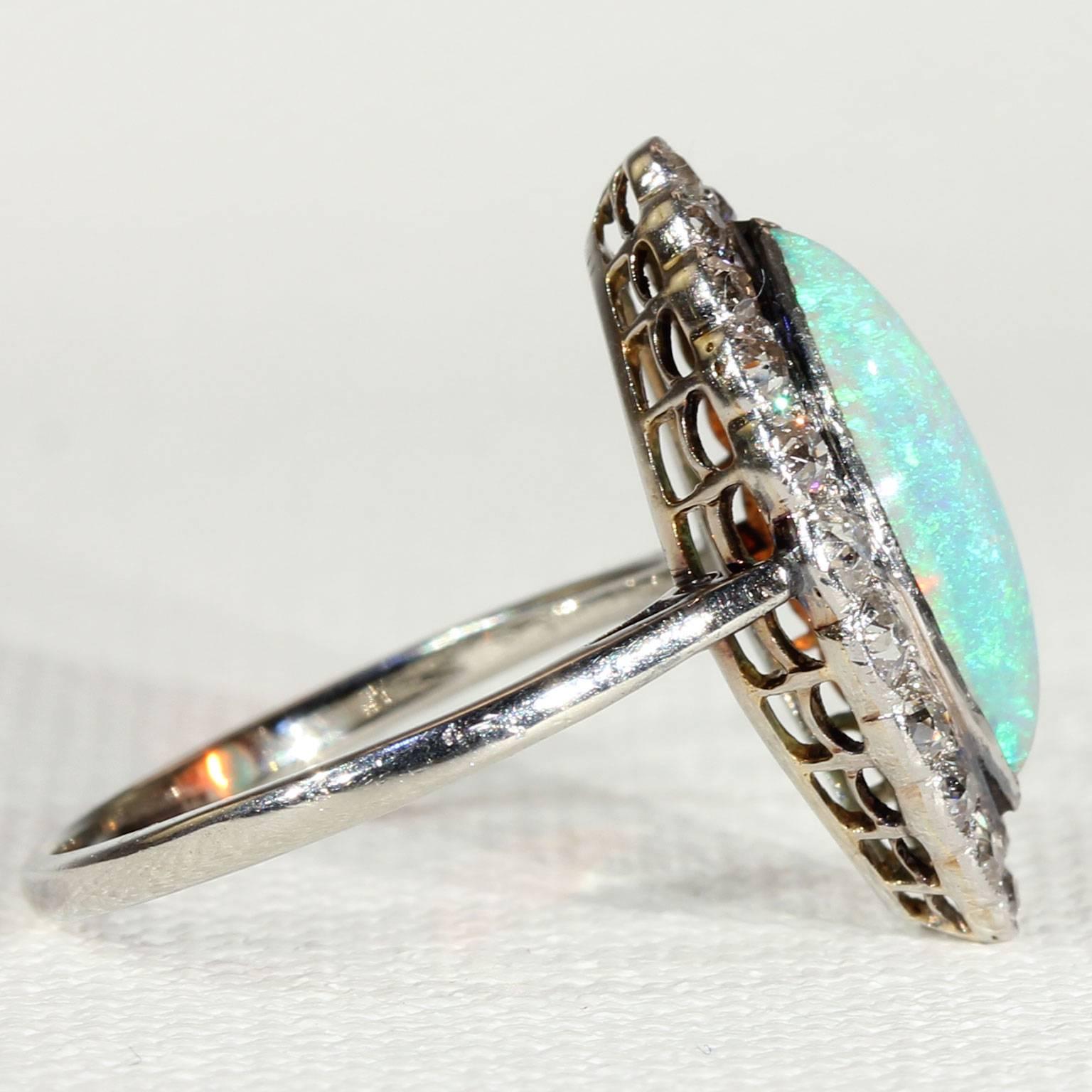 Women's Edwardian Opal Diamond Marquise Cluster Ring Platinum For Sale