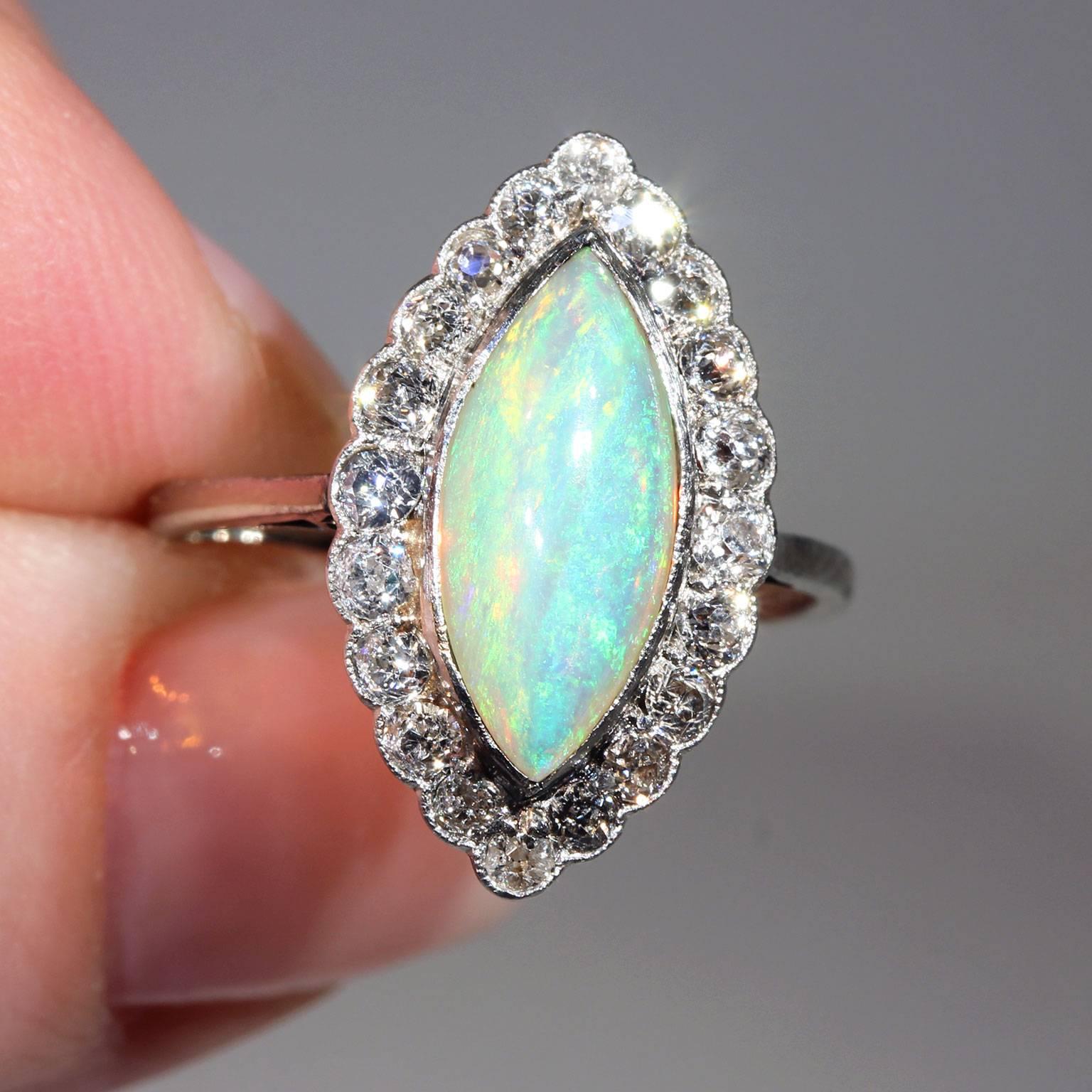 Edwardian Opal Diamond Marquise Cluster Ring Platinum For Sale 1