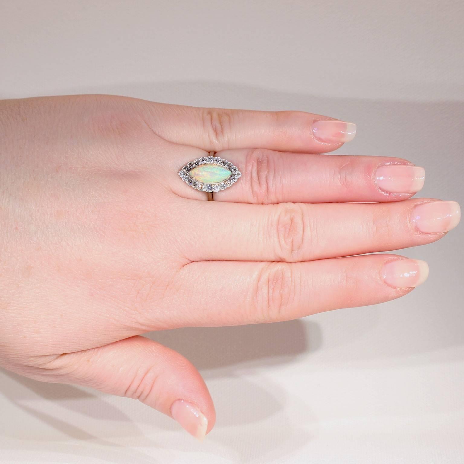 Edwardian Opal Diamond Marquise Cluster Ring Platinum For Sale 2