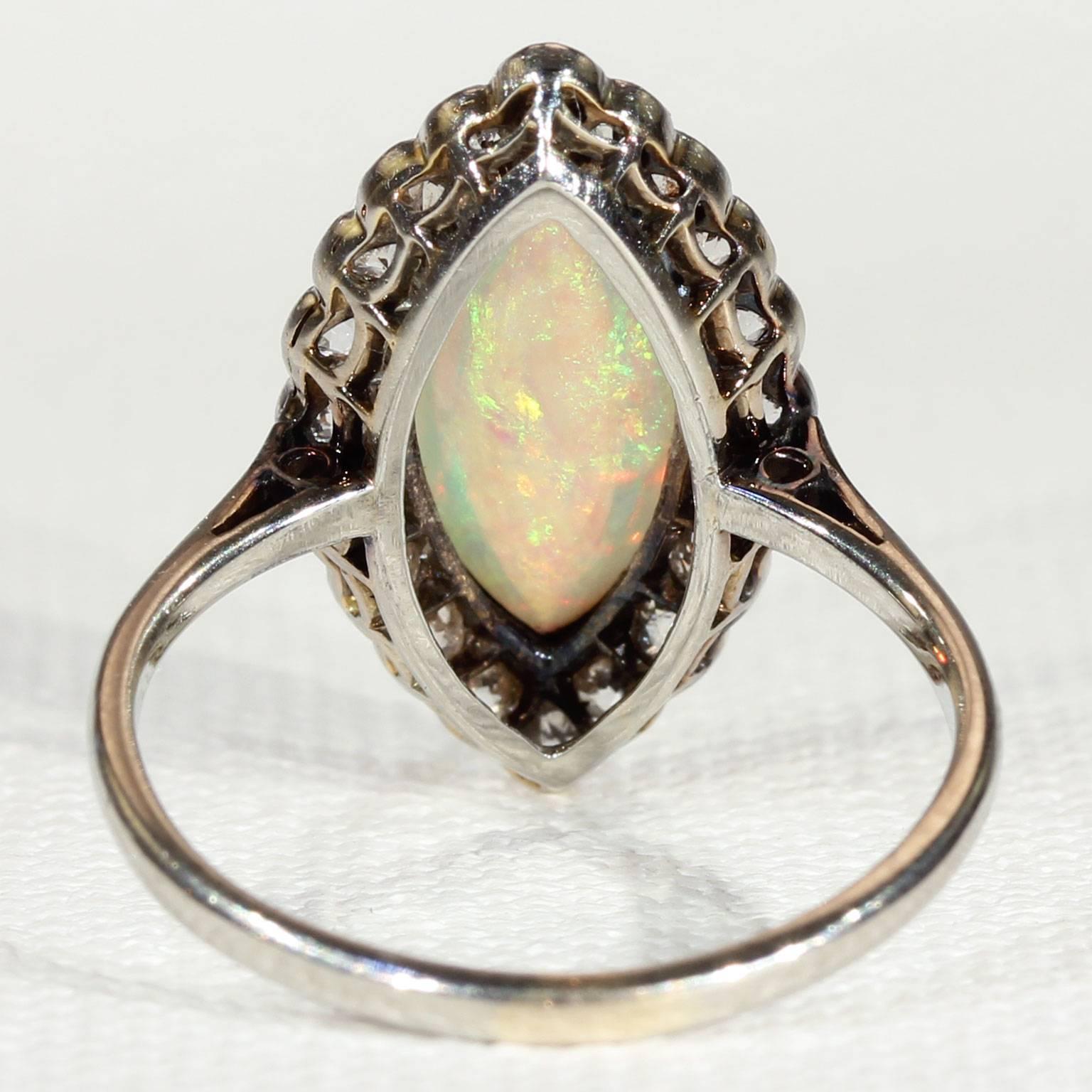 Edwardian Opal Diamond Marquise Cluster Ring Platinum For Sale 4