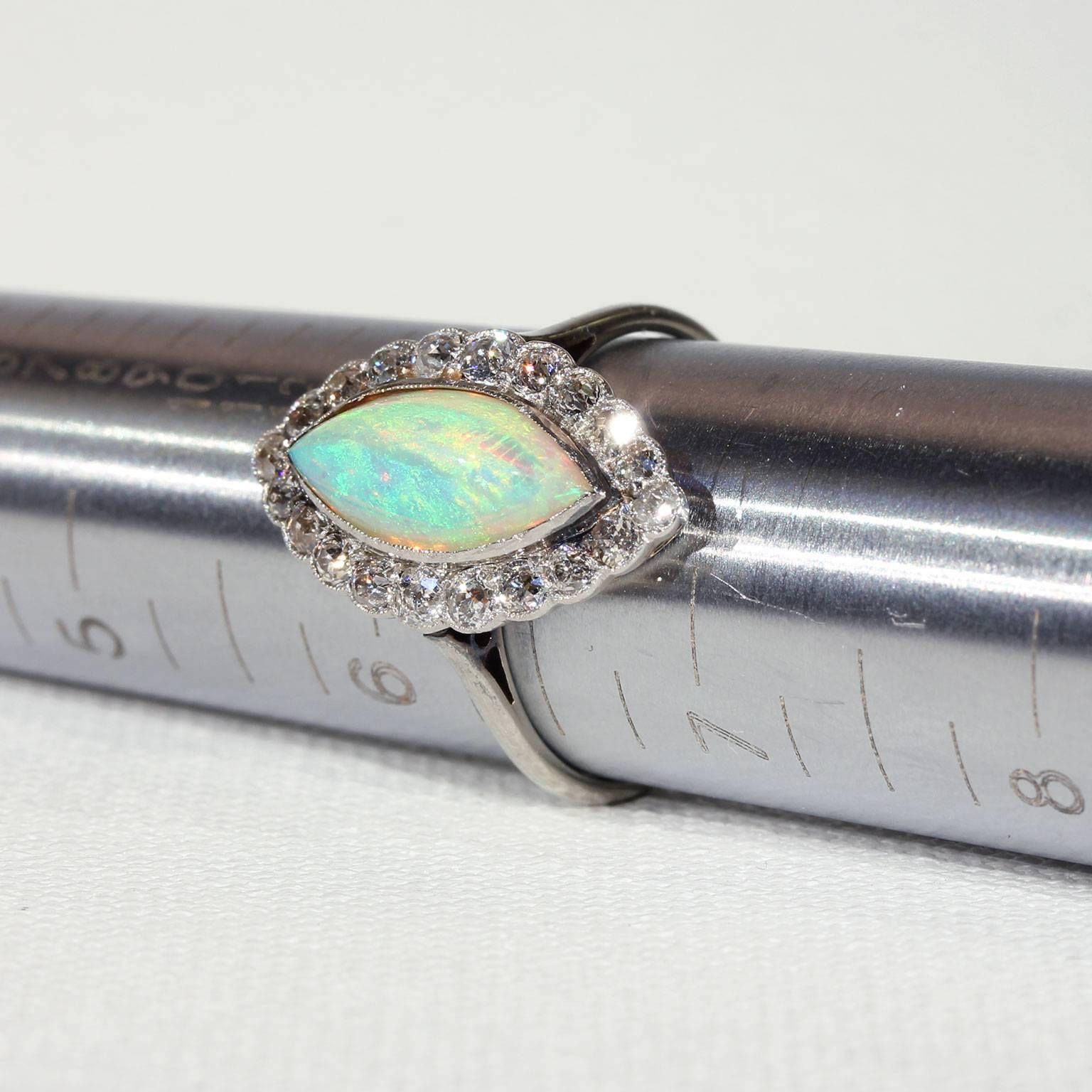 Edwardian Opal Diamond Marquise Cluster Ring Platinum For Sale 5