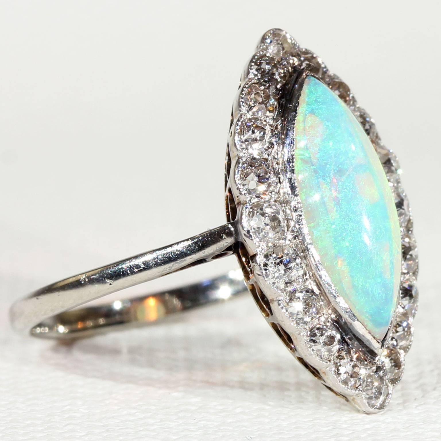 Edwardian Opal Diamond Marquise Cluster Ring Platinum For Sale 6