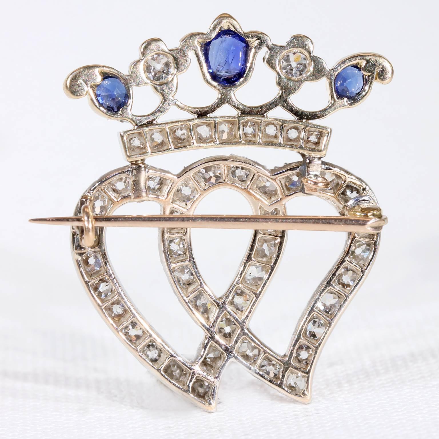 Victorian Double Heart Crown Sapphire Diamond Brooch Pendant by Tessier In Excellent Condition For Sale In Middleton, WI