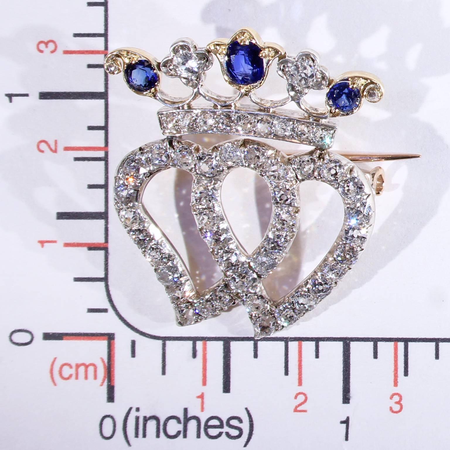 Women's or Men's Victorian Double Heart Crown Sapphire Diamond Brooch Pendant by Tessier For Sale