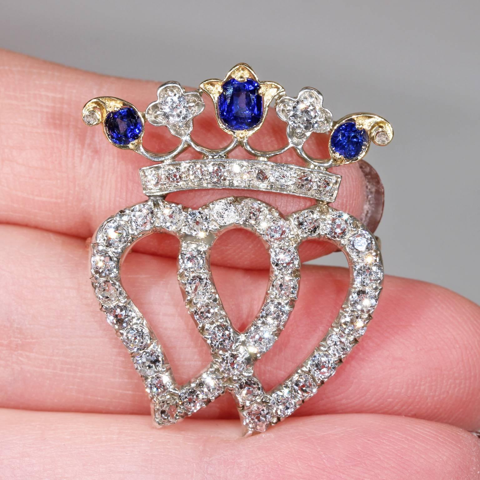 Victorian Double Heart Crown Sapphire Diamond Brooch Pendant by Tessier For Sale 2