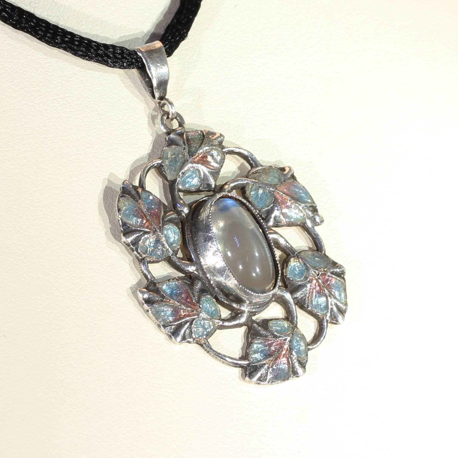 Women's or Men's Arts and Crafts Jessie King Pendant Moonstone Enamel Silver