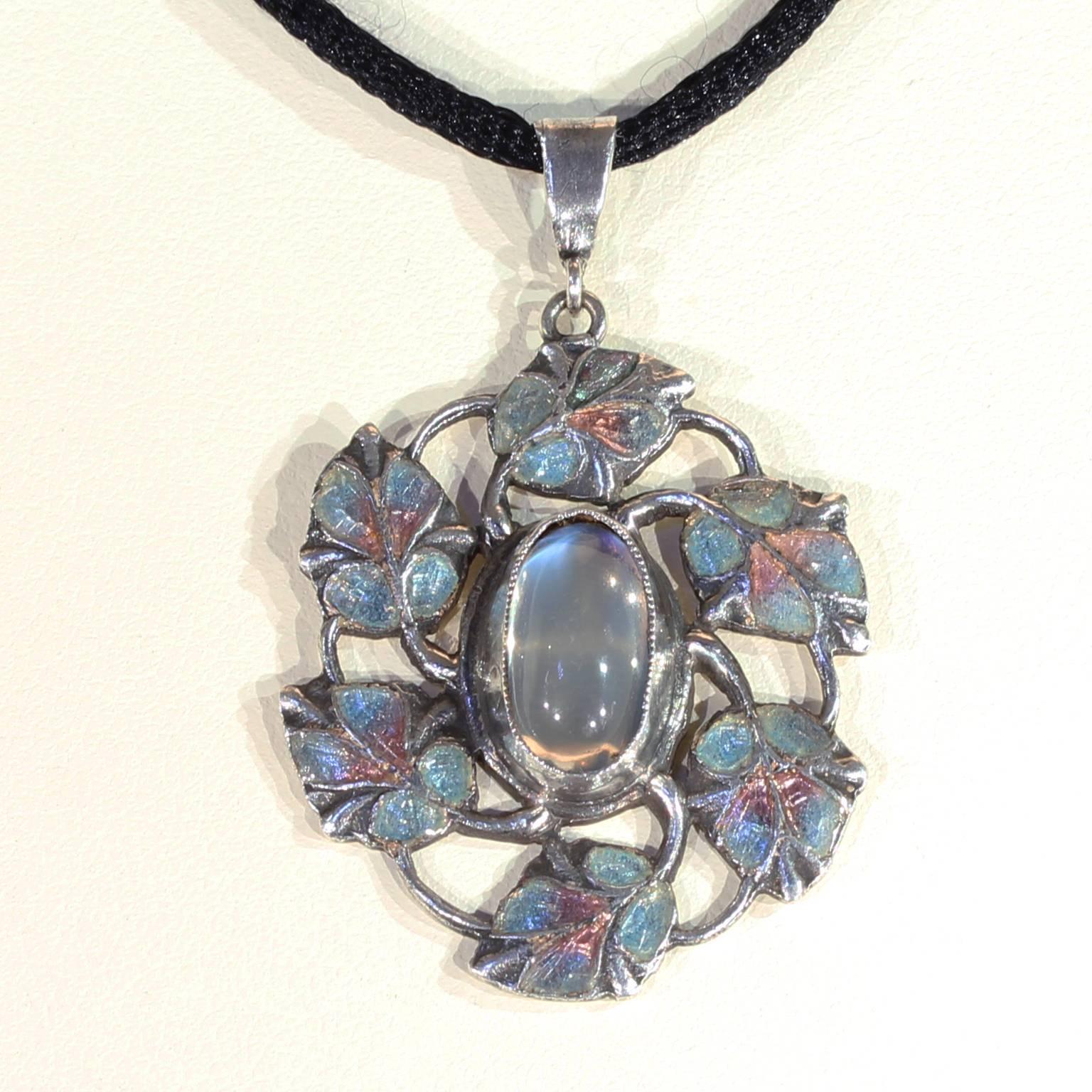 Arts and Crafts Jessie King Pendant Moonstone Enamel Silver In Good Condition In Middleton, WI