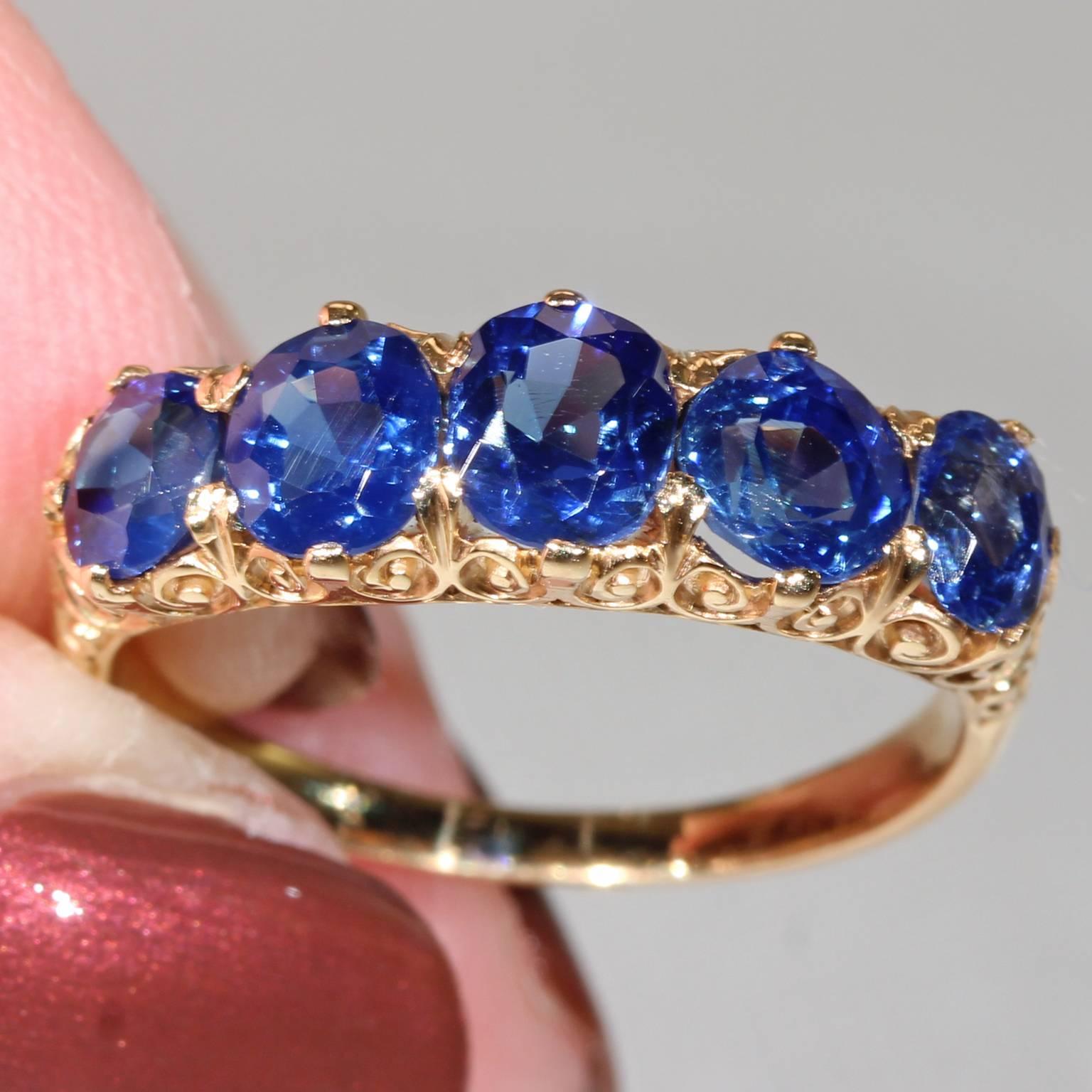 Victorian Untreated Sapphire Yellow Gold Five Stone Ring  2