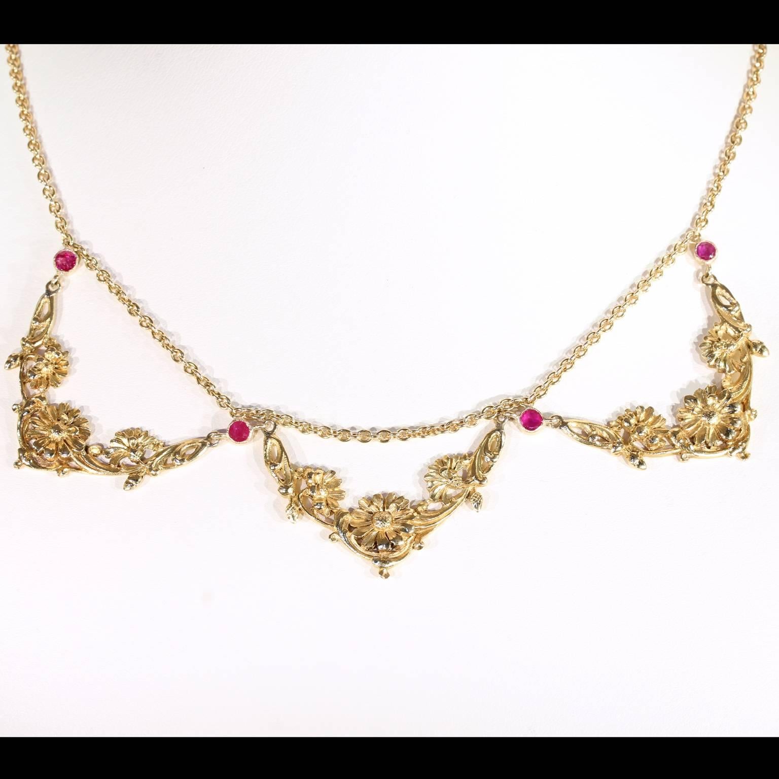 Men's Art Nouveau Ruby Gold Necklace French Floral For Sale