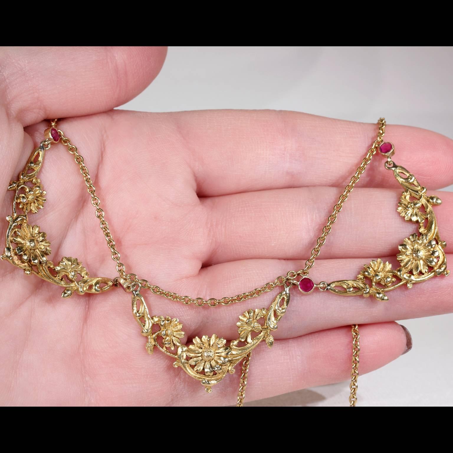 Art Nouveau Ruby Gold Necklace French Floral For Sale 1