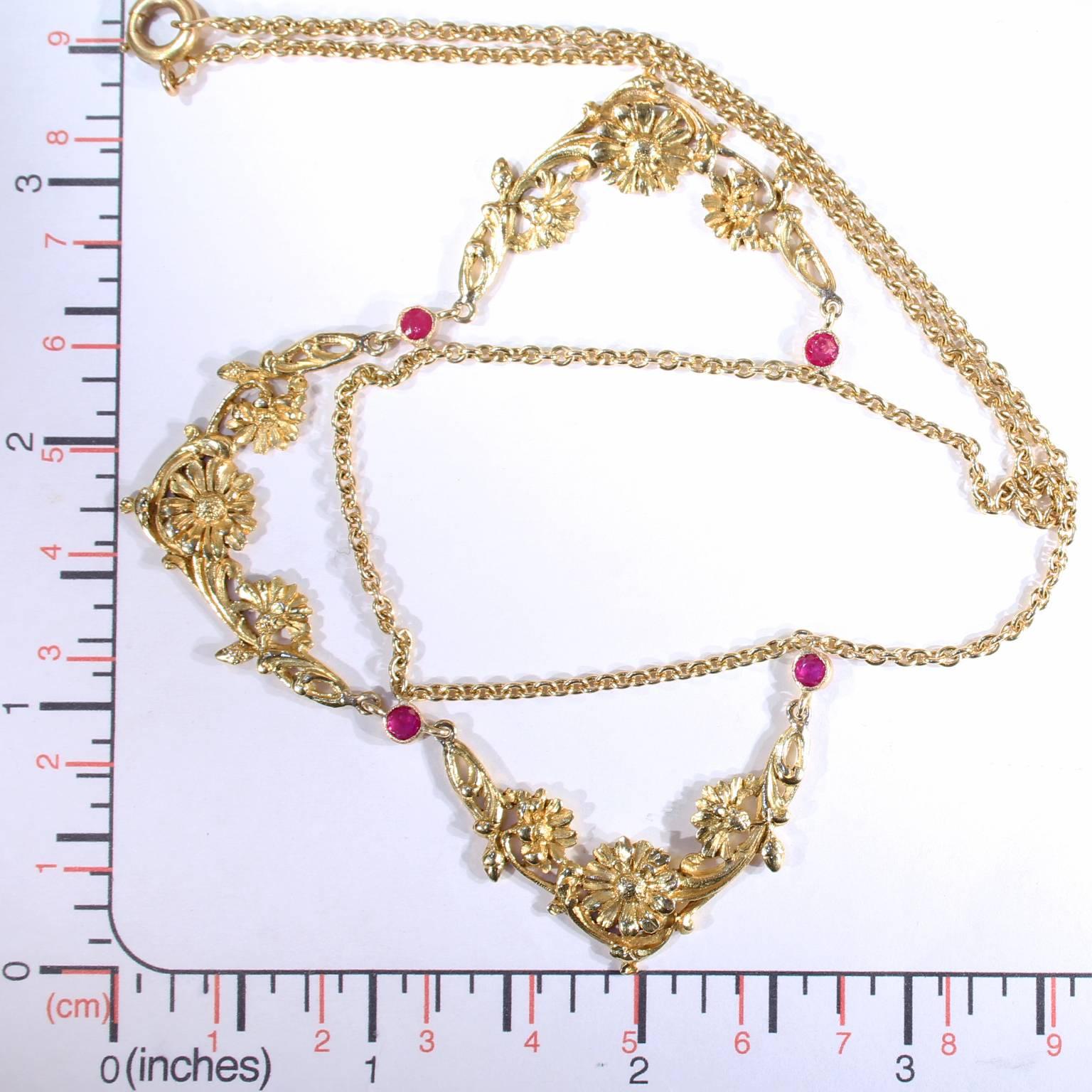 Art Nouveau Ruby Gold Necklace French Floral For Sale 2