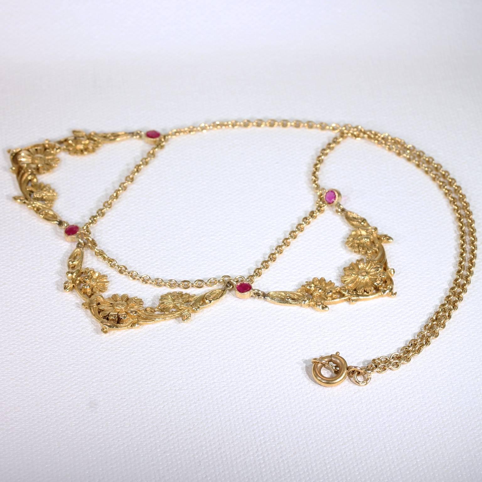 Art Nouveau Ruby Gold Necklace French Floral In Excellent Condition For Sale In Middleton, WI