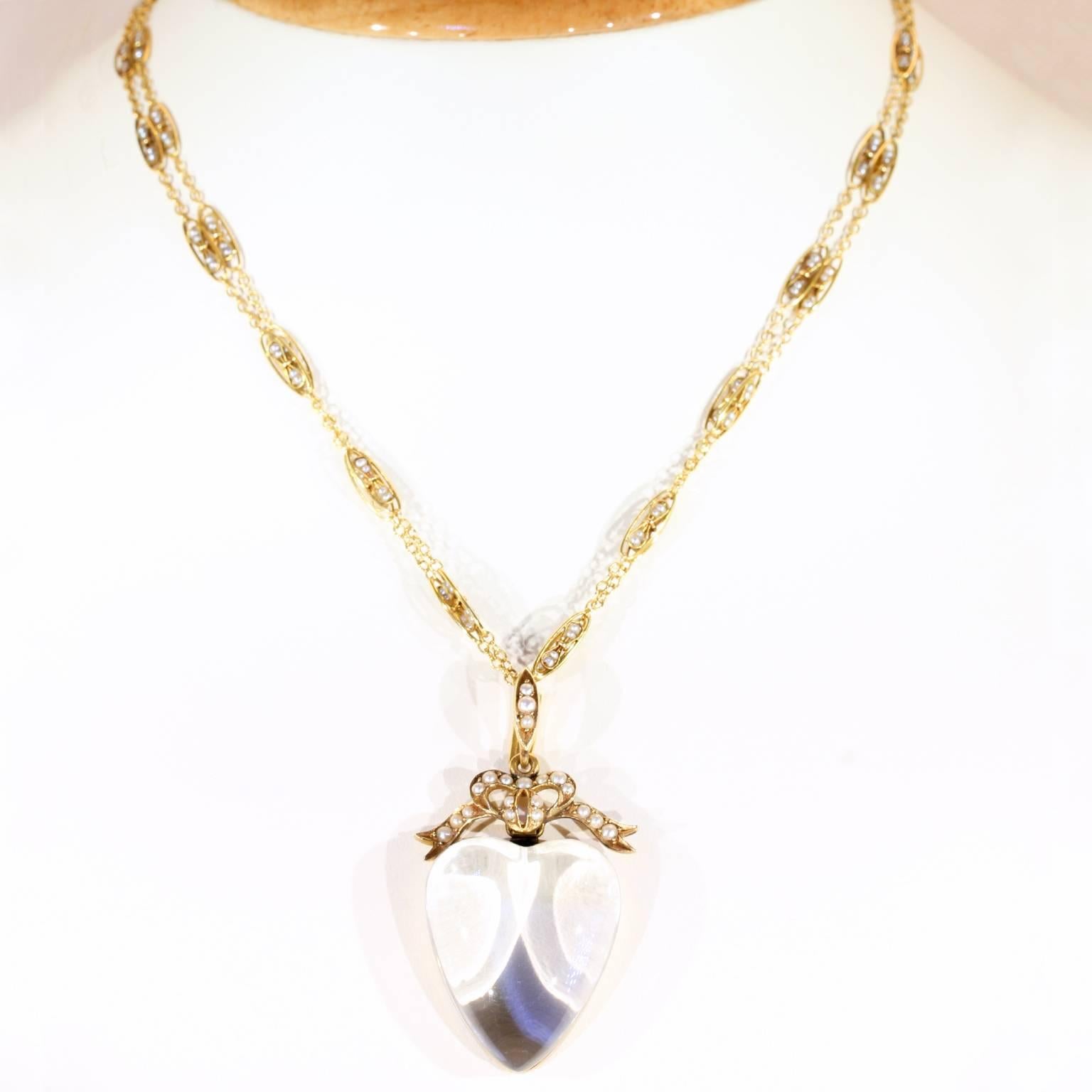 Victorian Large Gold Crystal Heart Locket Pendant Pearl Bow In Excellent Condition For Sale In Middleton, WI