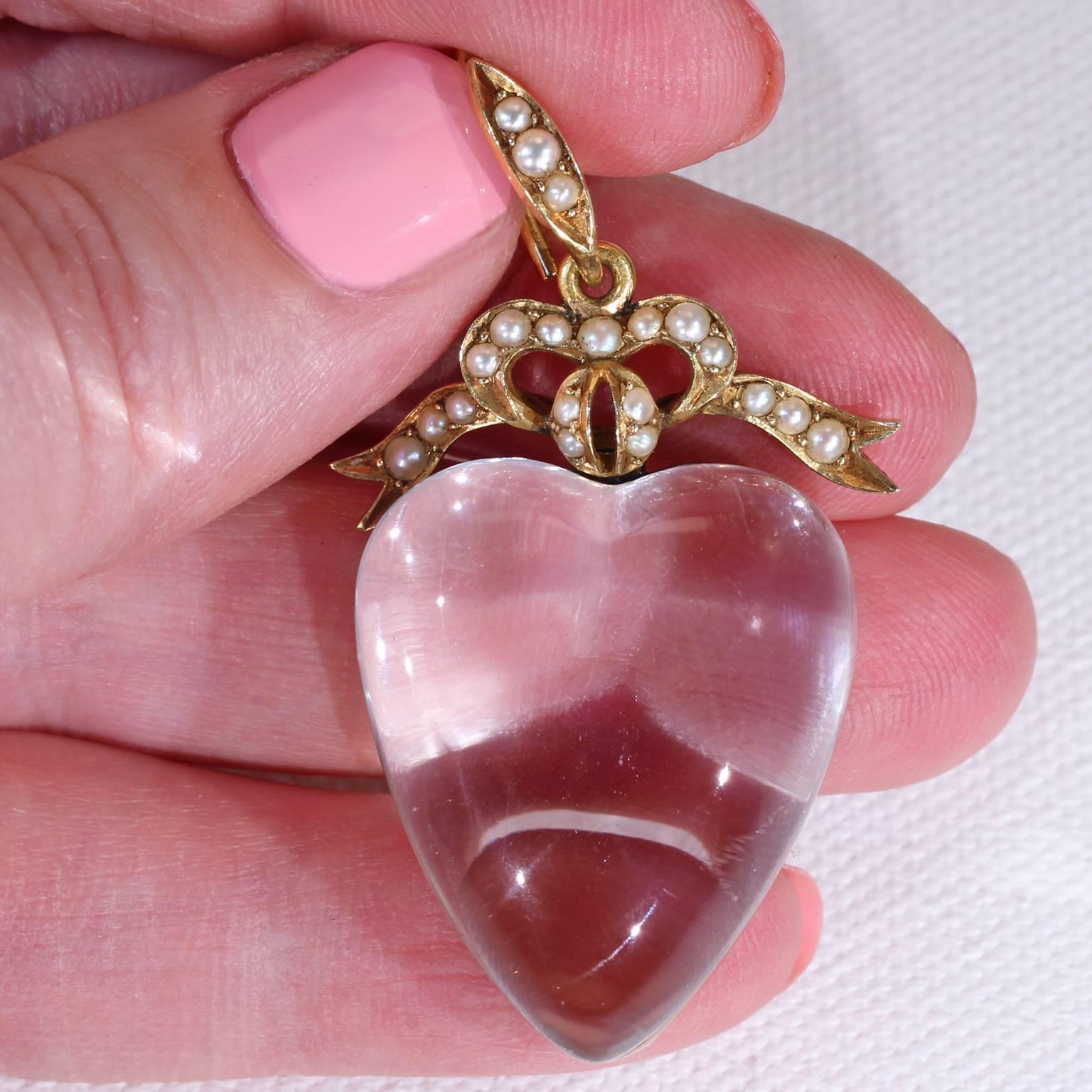 Women's or Men's Victorian Large Gold Crystal Heart Locket Pendant Pearl Bow For Sale