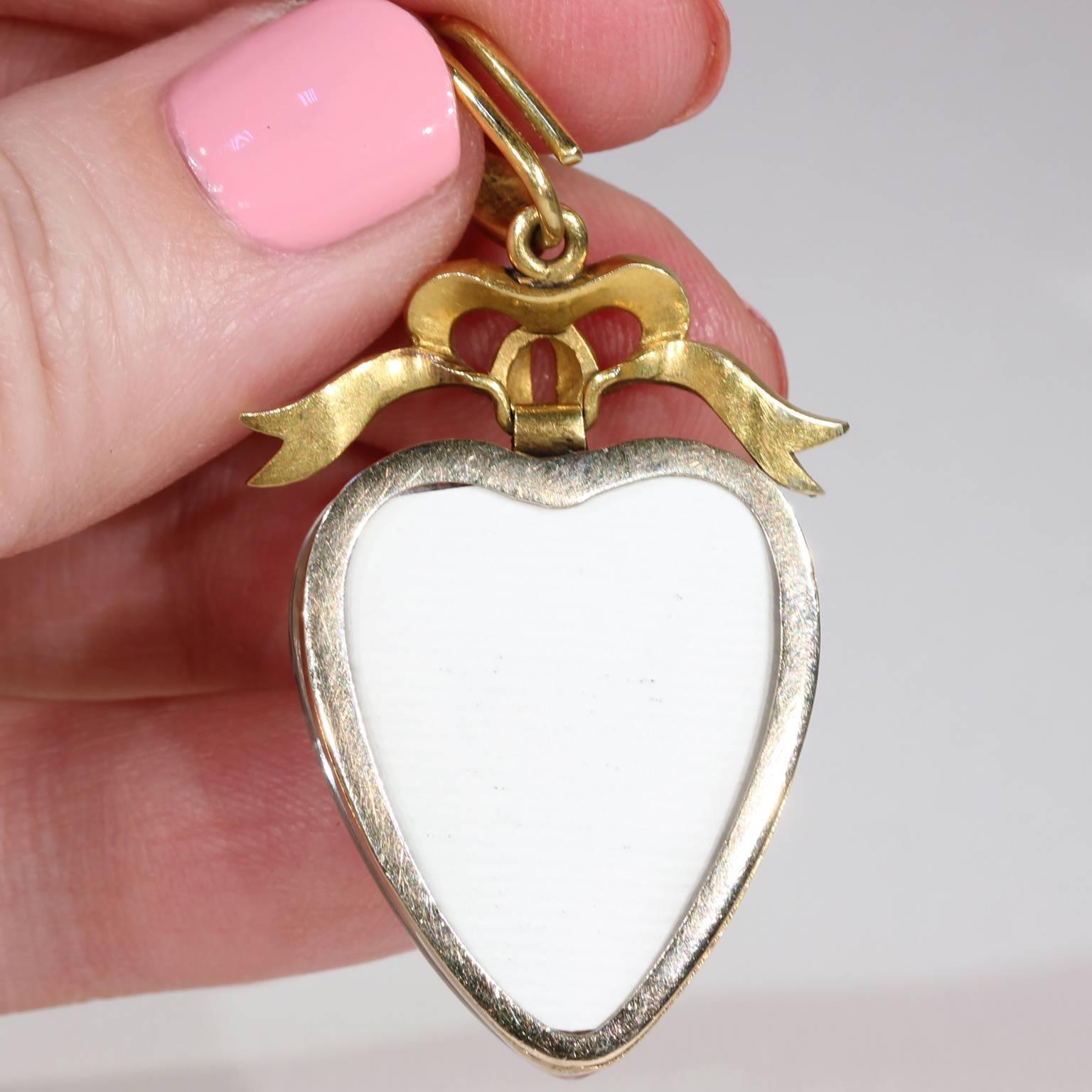 Victorian Large Gold Crystal Heart Locket Pendant Pearl Bow For Sale 1