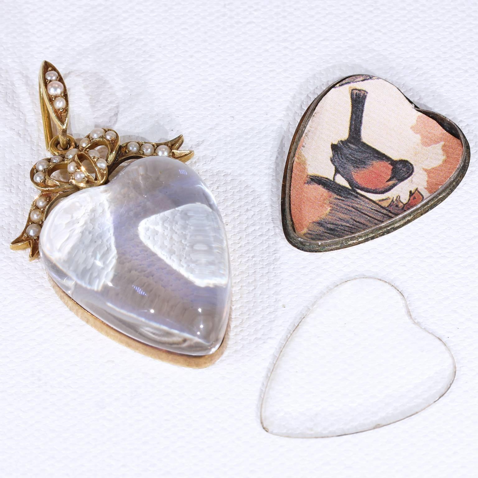 Victorian Large Gold Crystal Heart Locket Pendant Pearl Bow For Sale 2