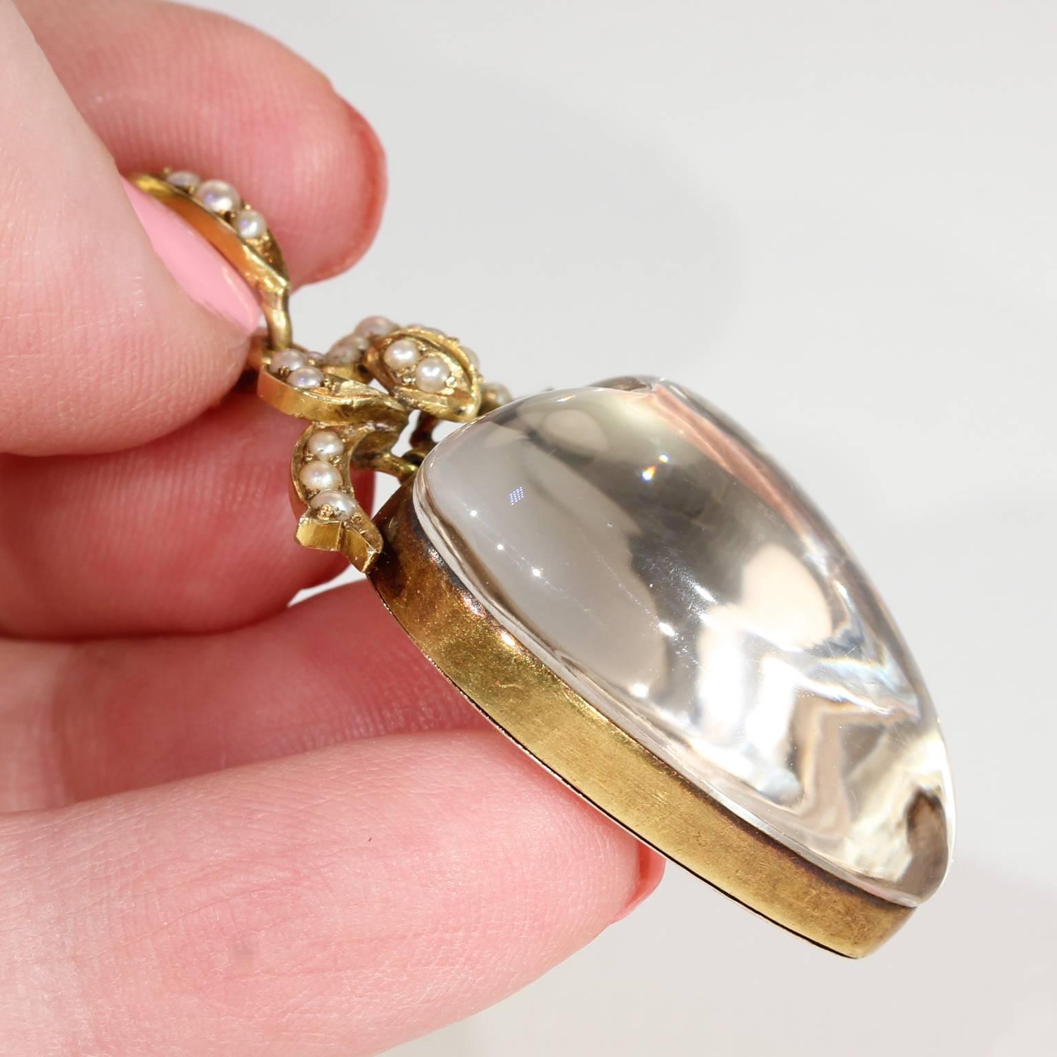 Victorian Large Gold Crystal Heart Locket Pendant Pearl Bow For Sale 3