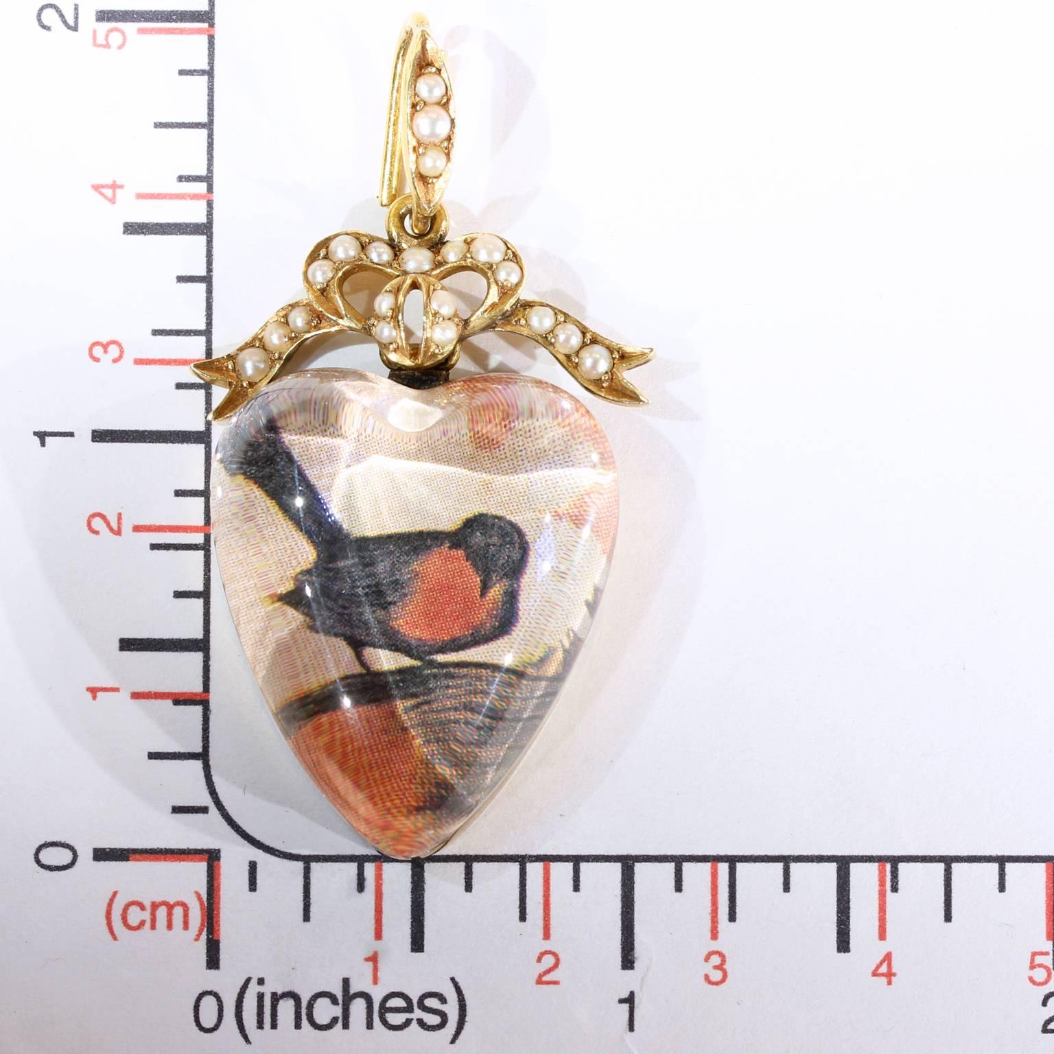 Victorian Large Gold Crystal Heart Locket Pendant Pearl Bow For Sale 4
