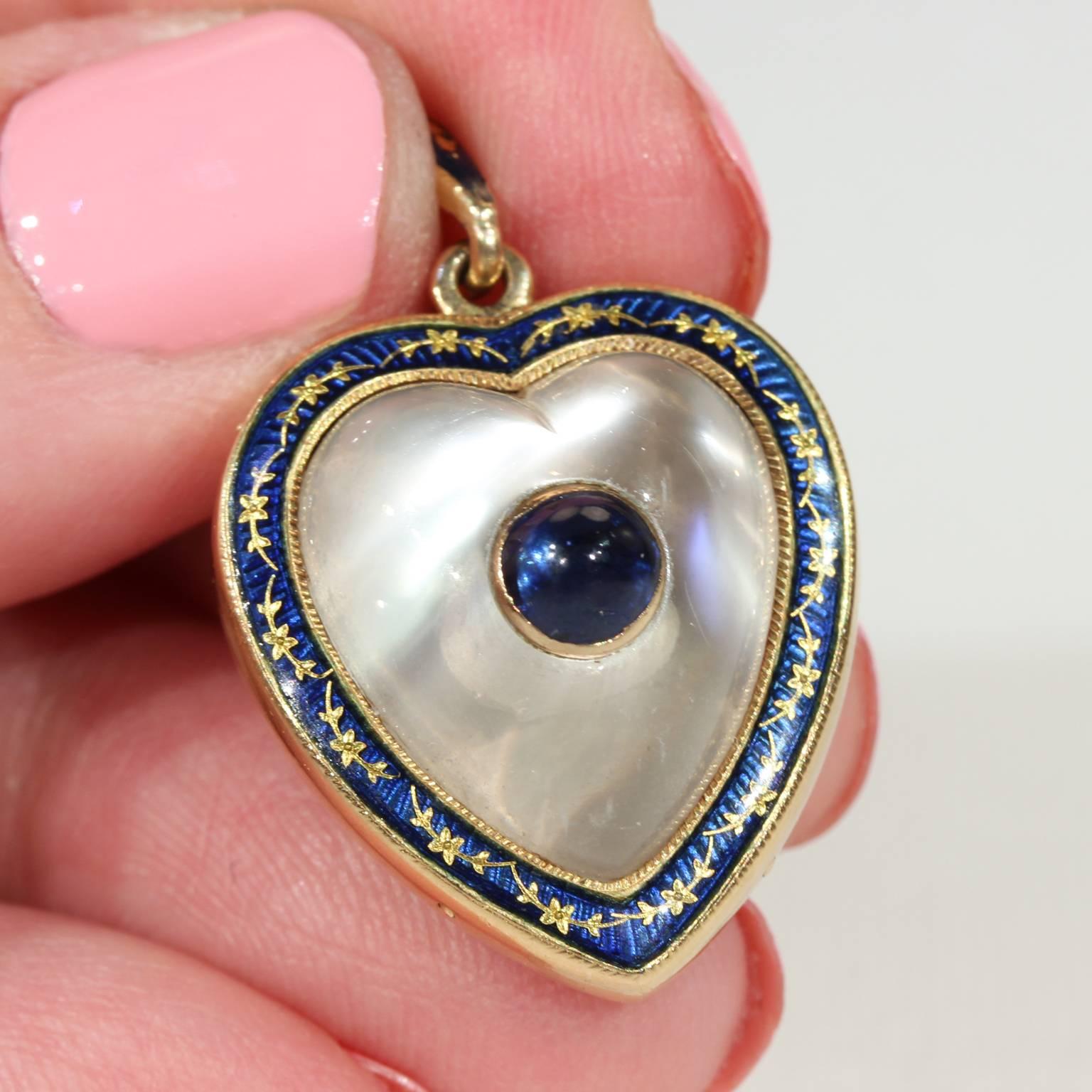 Victorian Moonstone Sapphire Gold Heart Pendant Locket Enamel In Excellent Condition For Sale In Middleton, WI