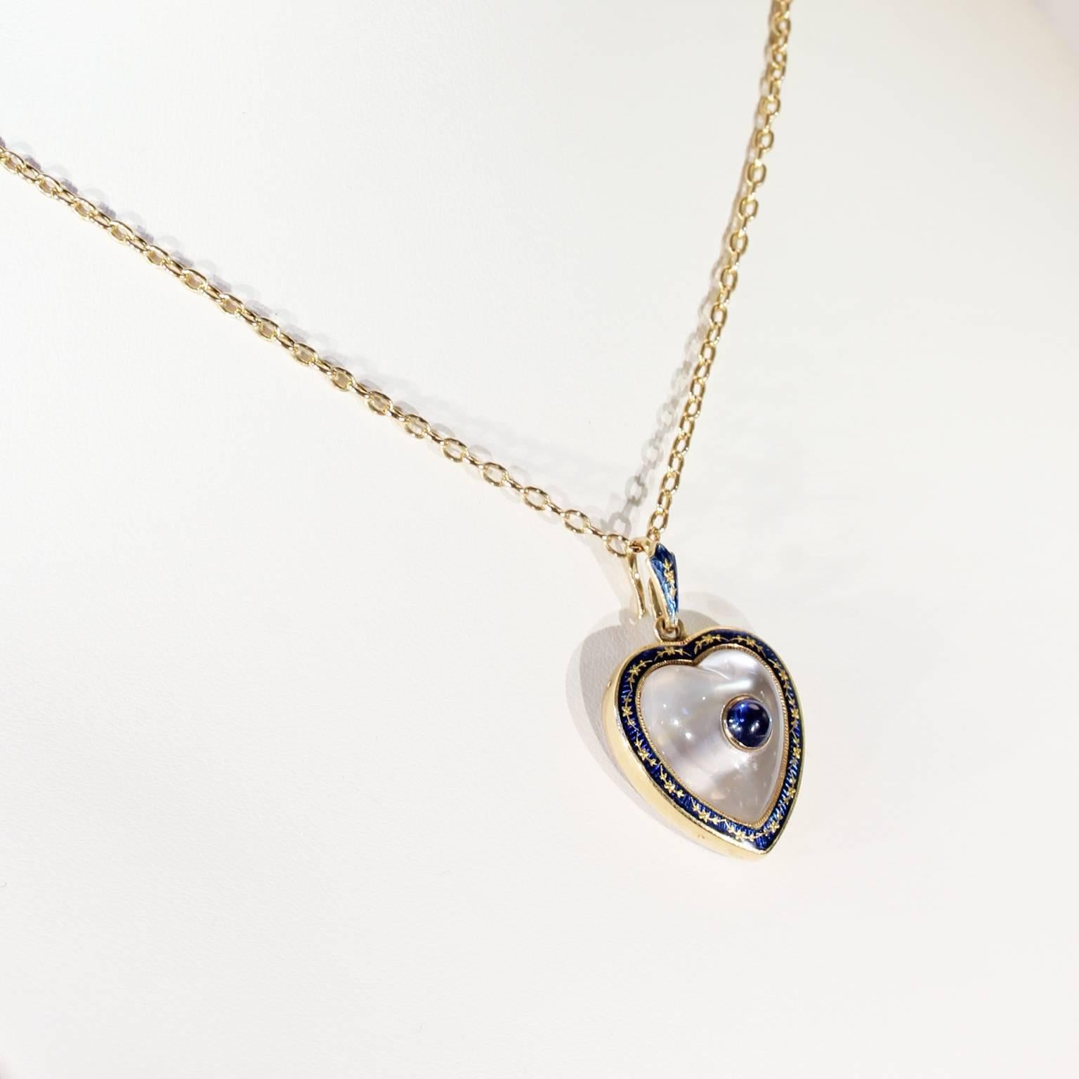 Women's or Men's Victorian Moonstone Sapphire Gold Heart Pendant Locket Enamel For Sale