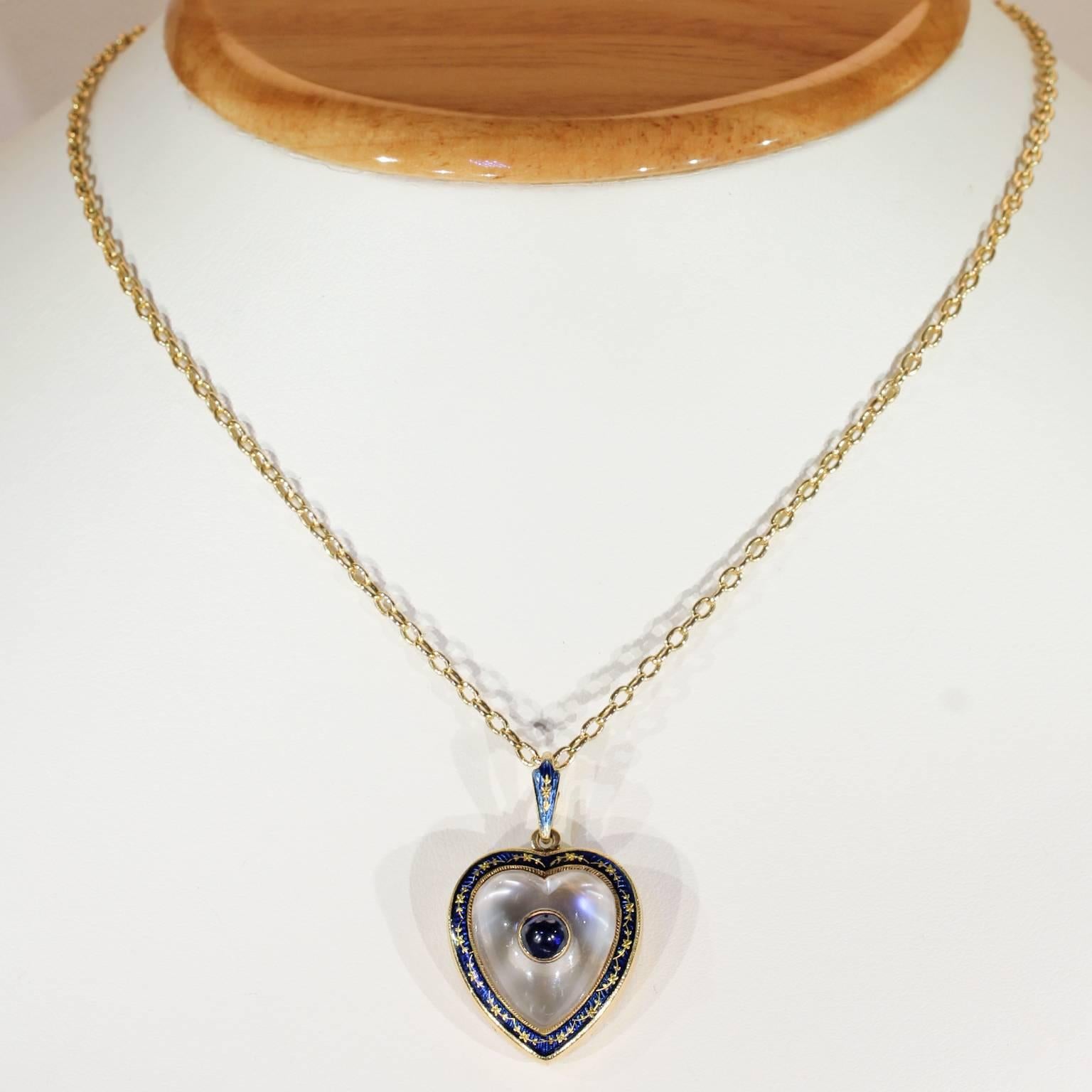 Victorian Moonstone Sapphire Gold Heart Pendant Locket Enamel For Sale 1