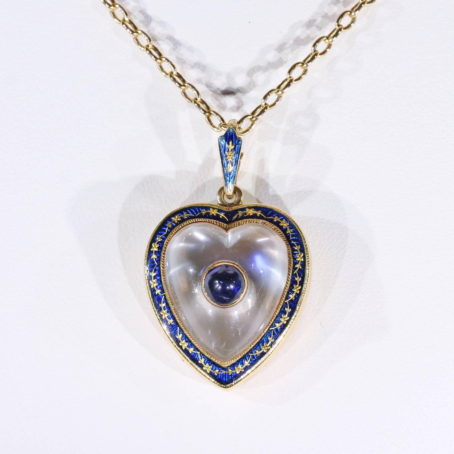 Victorian Moonstone Sapphire Gold Heart Pendant Locket Enamel For Sale 2